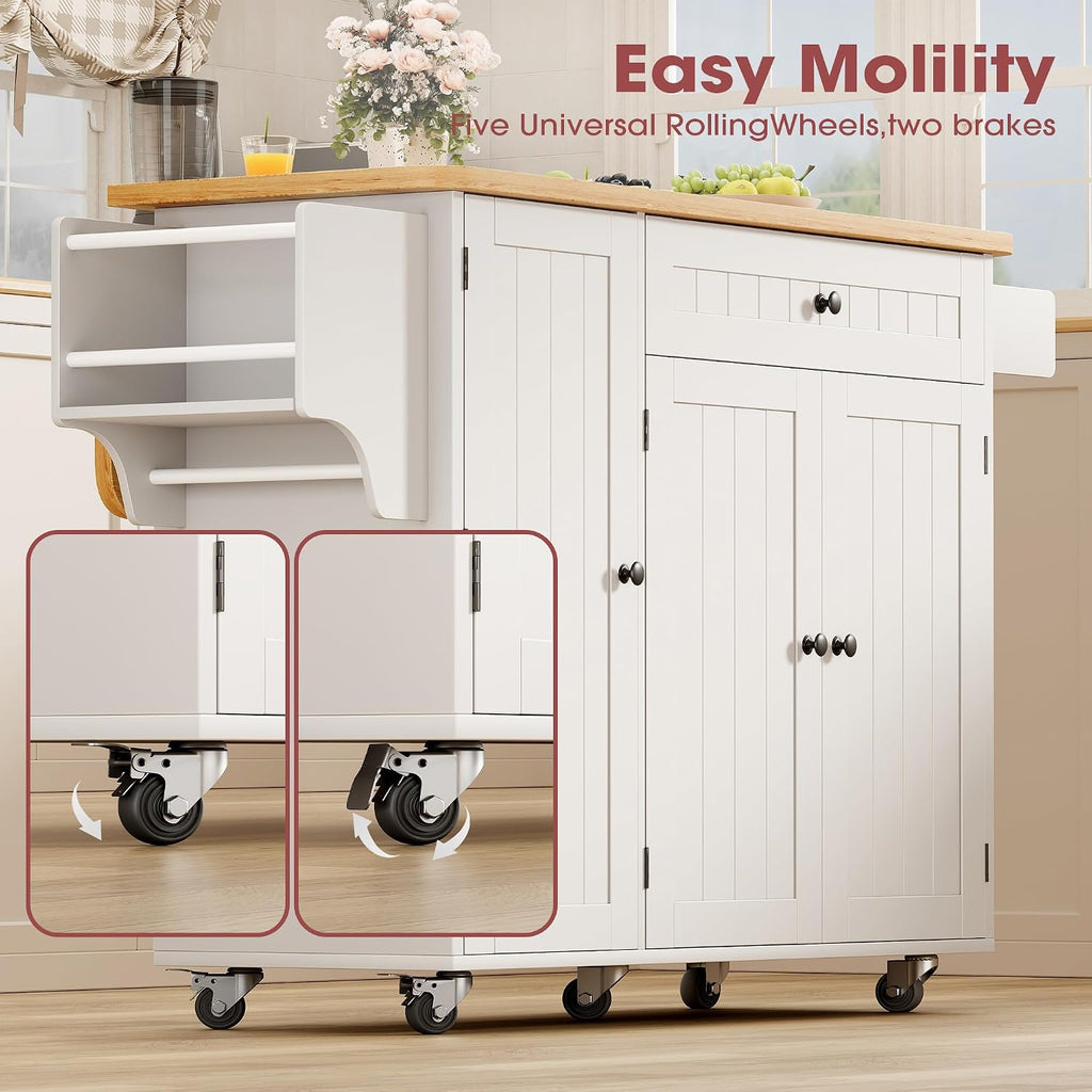 GRUSIGN Kitchen Island with Storage, 41.7' Rolling Cart with Drop Leaf, Portable Island Table on Wheels, Spice Rack, Towel Rack and Drawer, White, 41.7' L x 29.5' W