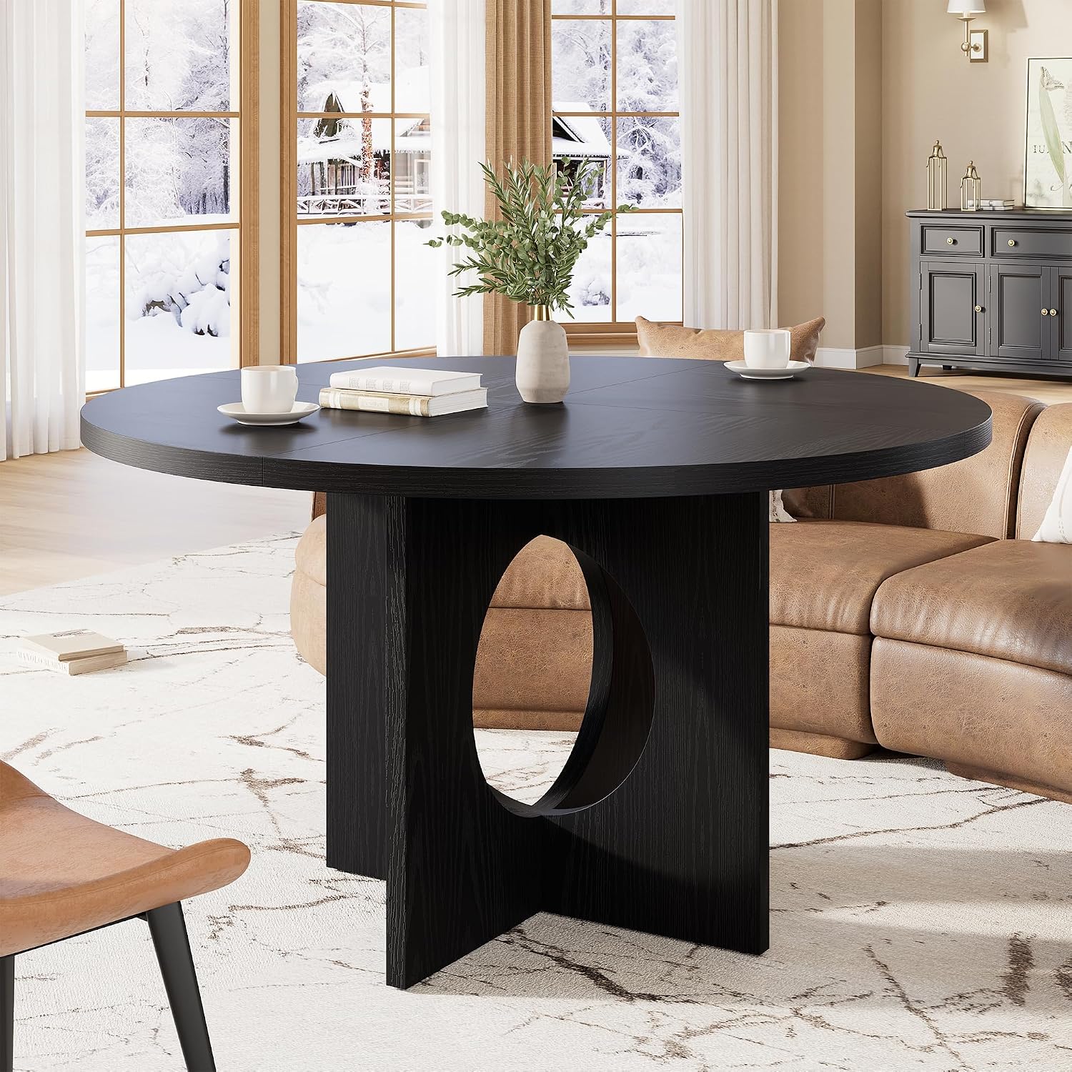 IDEALHOUSE 47' Round Dining Table, Kitchen Table for 4-6 People, Circle Tables with Sturdy Pedestal Base, Space Saving Dinning Room Furniture for Living Room, Kitchen, Apartment, Black