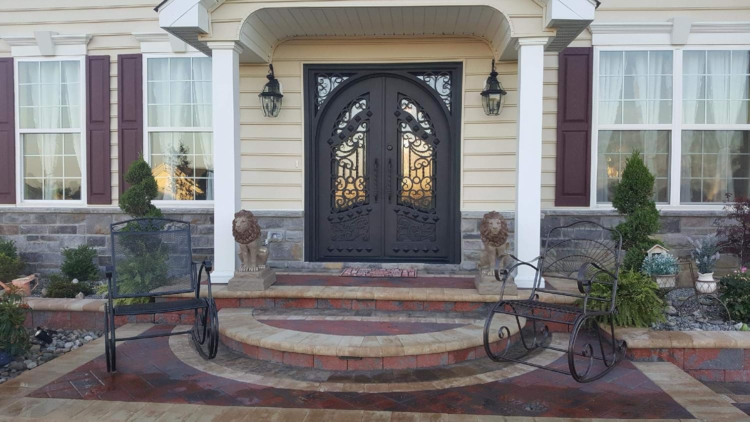 Canton Exterior Double Front Entry Door Wrought Iron with Operable Tempered Rain Glass Inside Swing Dark Bronze Finish (72 By 108 Right Hinge Active)