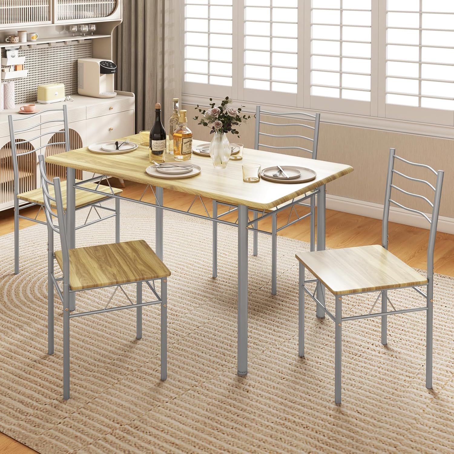 Giantex 47-inches Dining Table Set for 4, Rectangular Kitchen Table with 4 Dining Chairs, Metal Frame, 5-Piece Space-Saving Dinette Set for Small Space, Dinner, Breakfast Nook, Apartment, Natural