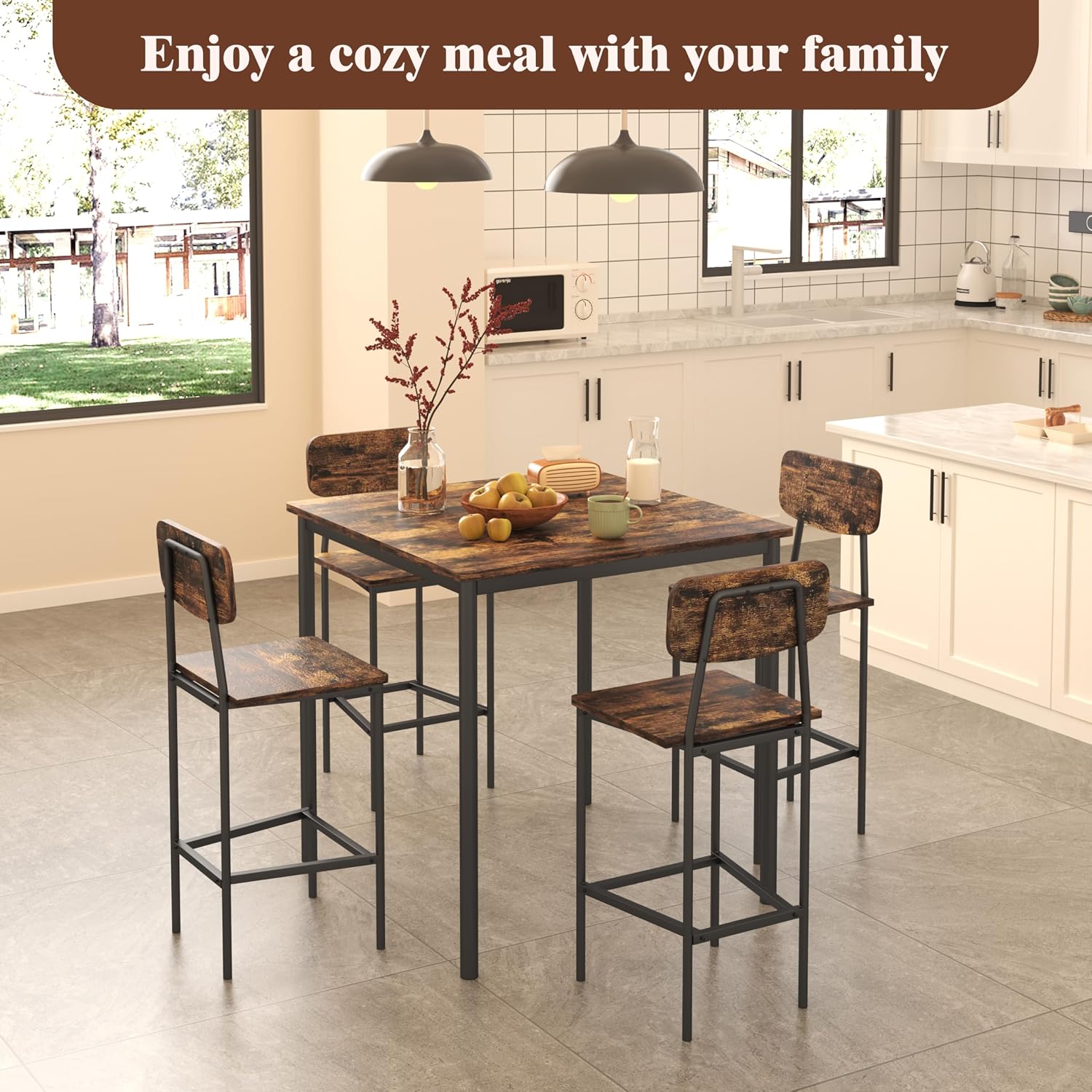 Dining Table Set for 4, 5 Piece Kitchen Table with Chairs, Sturdy Industrial Space Saving Dinette Set for Pub, Family Dinners, Apartment, Dark Brown