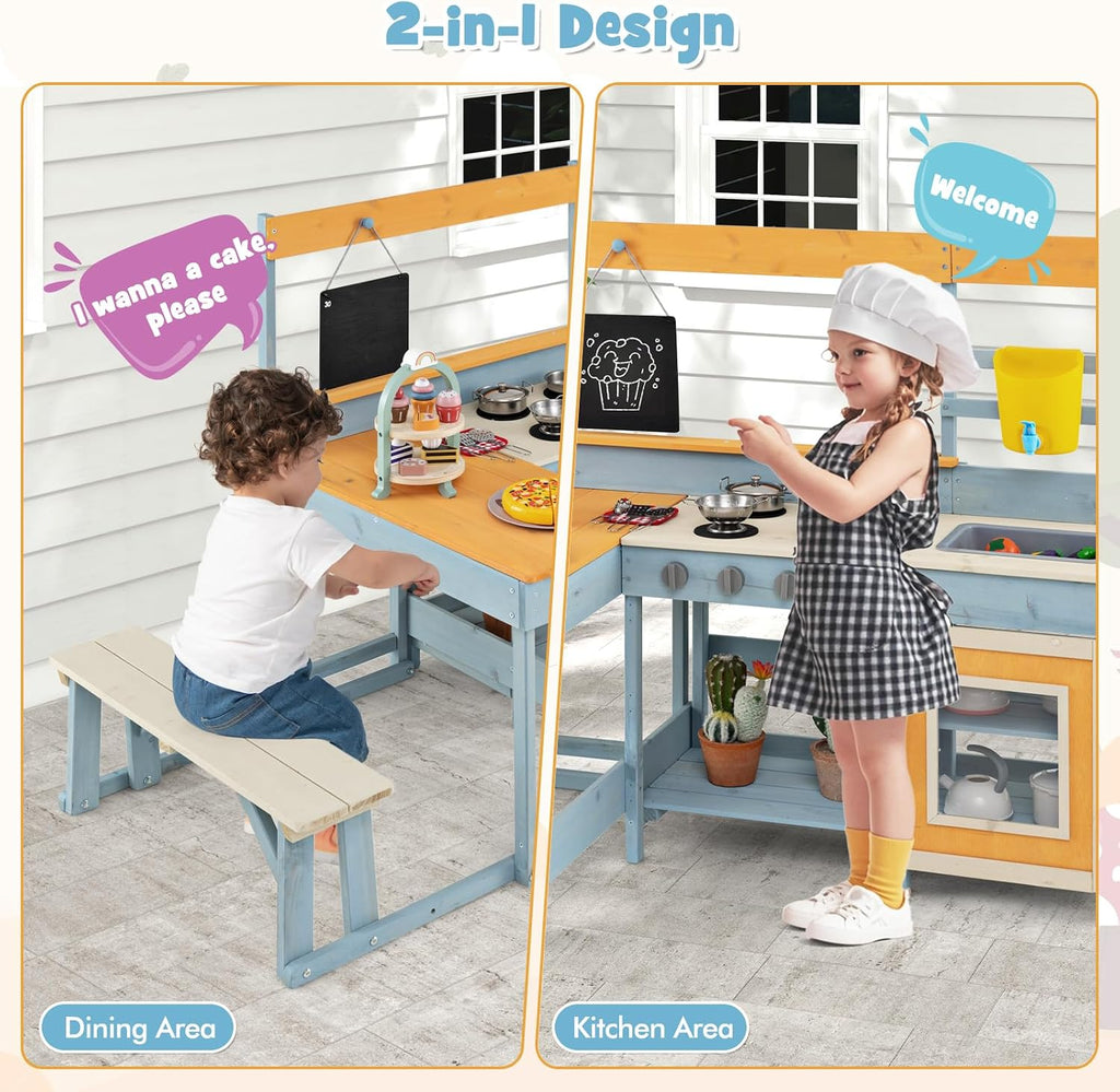 Costzon 2-in-1 Mud Kitchen & Kids Picnic Table, Fir Wood Kids Kitchen Playset with Seat, Wooden Tea Party Set, Cooking Accessories, Blackboard, Outdoor Play Kitchen, Gift for Girls Boys Ages 3+