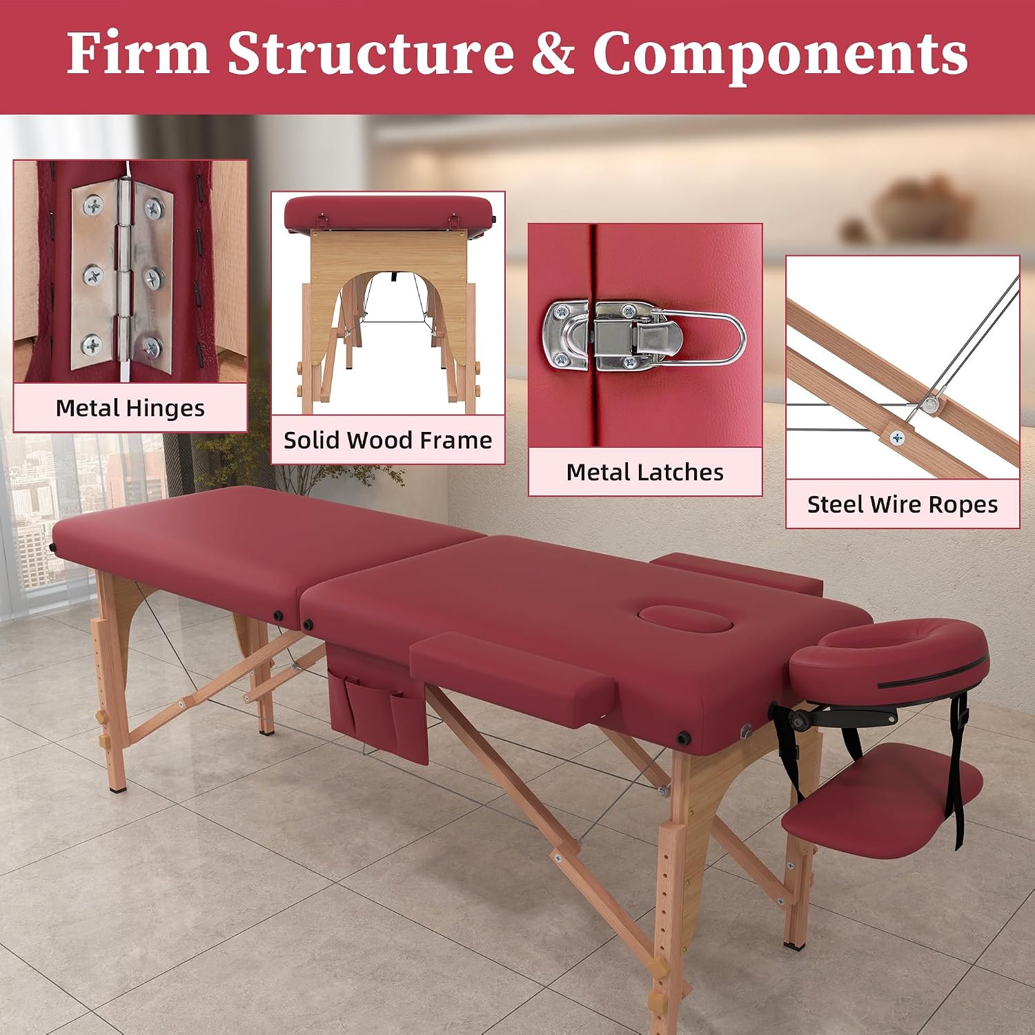 civama Massage Table Massage Bed Portable, 29 LBs Light Weight Foldable Tattoo Facial Care Spa Lash Bed Aluminum Frame with Accessories Carrying Bag, Burgundy