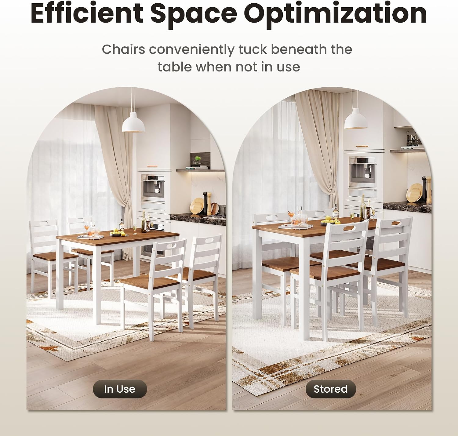 PHI VILLA Dining Table Set for 4, Solid Wood Farmhouse Kitchen Table Chairs Set of 4, 5 Piece Space-Saving Dining Room Table Set for Apartment, American Walnut& White