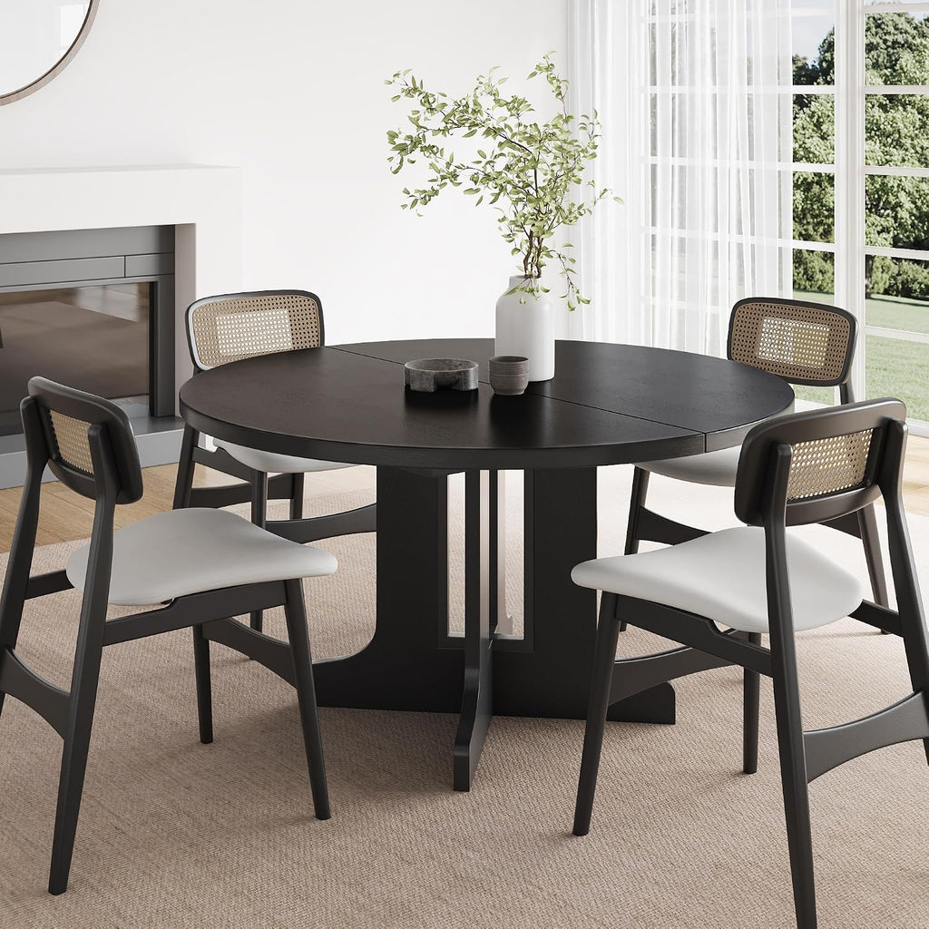Feonase 59' Round Extendable Dining Room Table for 4-6, Modern Oval Kitchen Table with Heavy Duty Wood Base, Metal Frame Support, for Kitchen Dining Living Room, Easy Assembly, Black