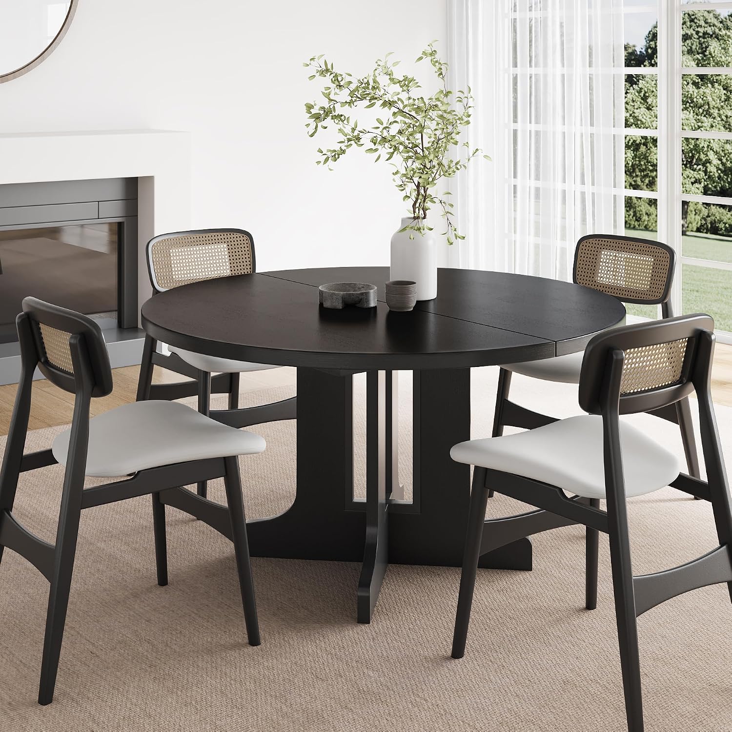 Feonase 59' Round Extendable Dining Room Table for 4-6, Modern Oval Kitchen Table with Heavy Duty Wood Base, Metal Frame Support, for Kitchen Dining Living Room, Easy Assembly, Black