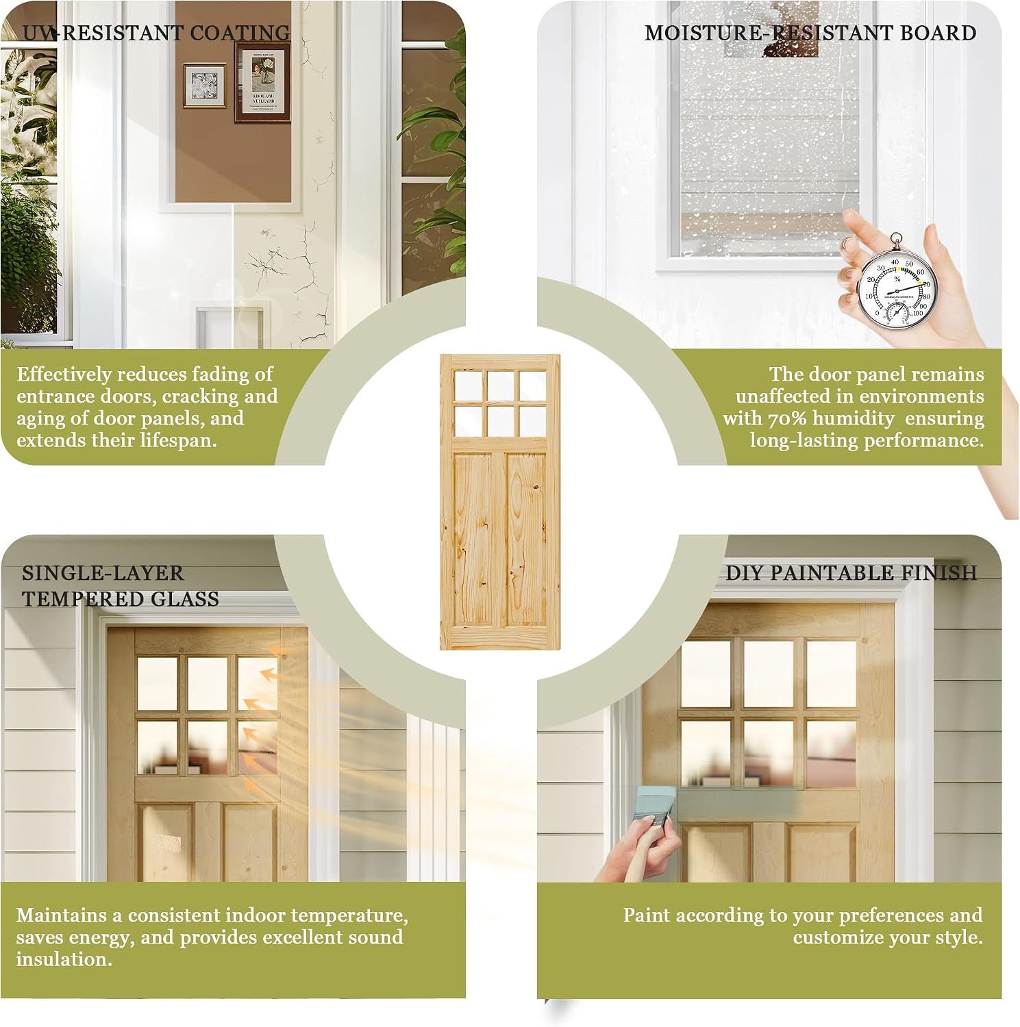 Front Door 32' x 80', 6-Lite Clear Glass Exterior Prehung Door, Right-Hand Inswing Entry Door, Solid Wood Frame, Door Slab + Prehung Door Jamb Kit with 4 Black Hinges, Waterproof Primer