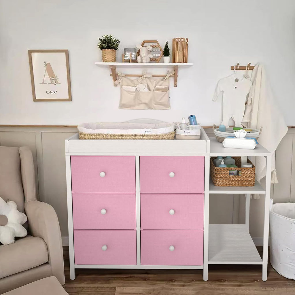 BOLUO Baby Dresser with Changing Table Top, Changing Table Dresser with 6 Fabric Drawers Diaper Changing Station with Storage Shelf for Nursery Modern