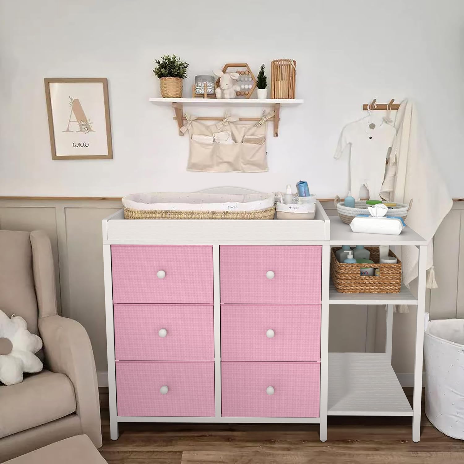 BOLUO Baby Dresser with Changing Table Top, Changing Table Dresser with 6 Fabric Drawers Diaper Changing Station with Storage Shelf for Nursery Modern