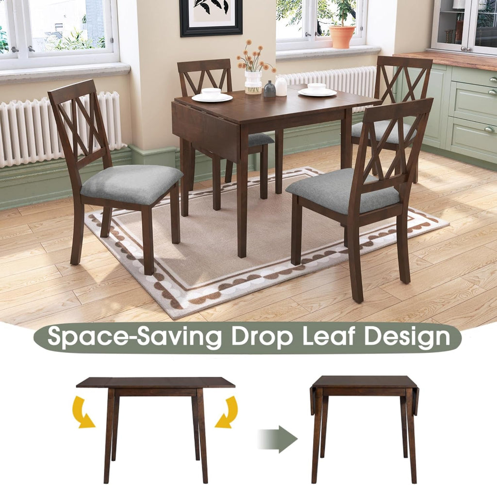 Harper & Bright Designs 5-Piece Wood Drop Leaf Dining Table Set with 4 X-Back Chairs, Space-Saving Breakfast Nook Dining Set, Brown + Grey Cushion