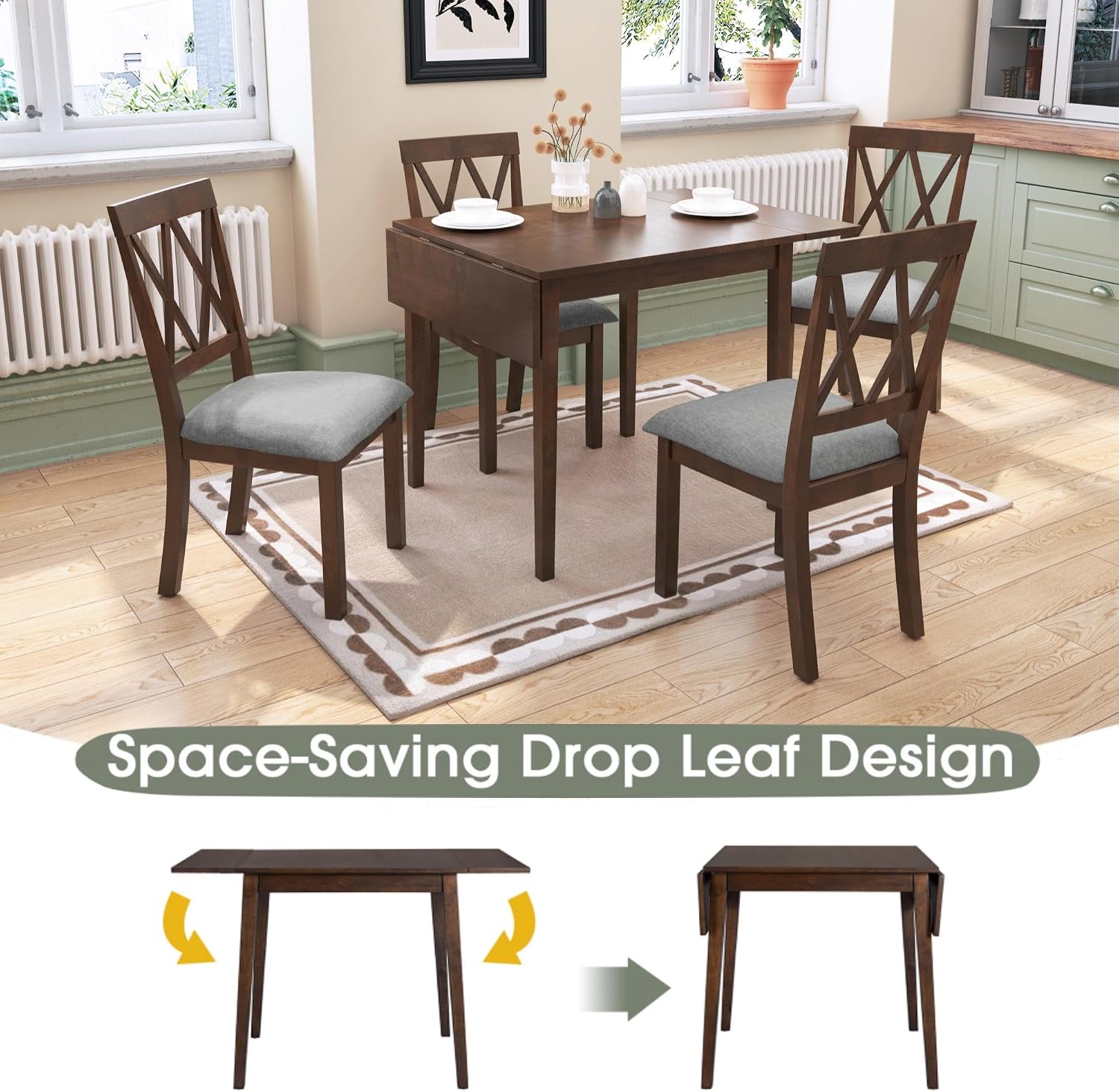 Harper & Bright Designs 5-Piece Wood Drop Leaf Dining Table Set with 4 X-Back Chairs, Space-Saving Breakfast Nook Dining Set, Brown + Grey Cushion
