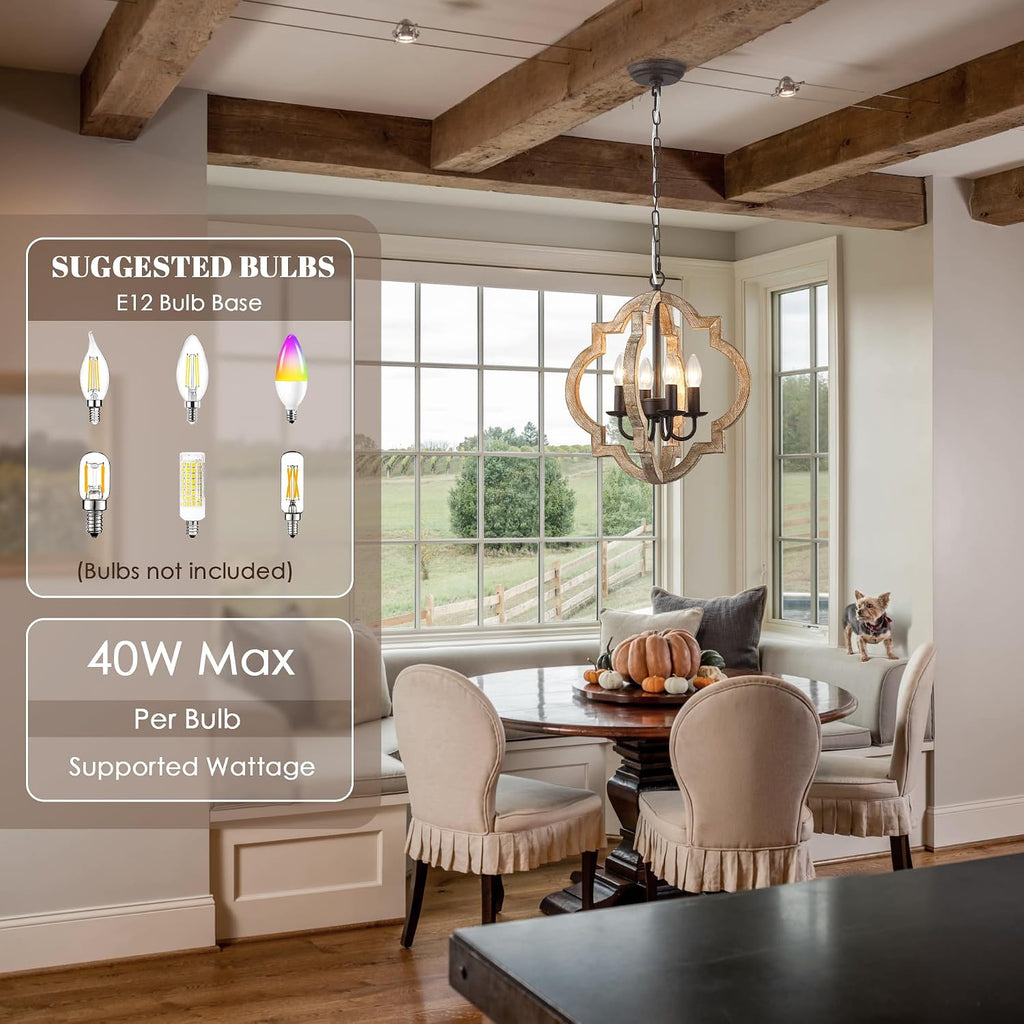 16 Inch Farmhouse Chandelier for Dining Room French Country Light Fixtures Over Table 4-Light Rustic Orb Wood Chandelier for Kitchen Hallway Foyer Entryway Bedroom