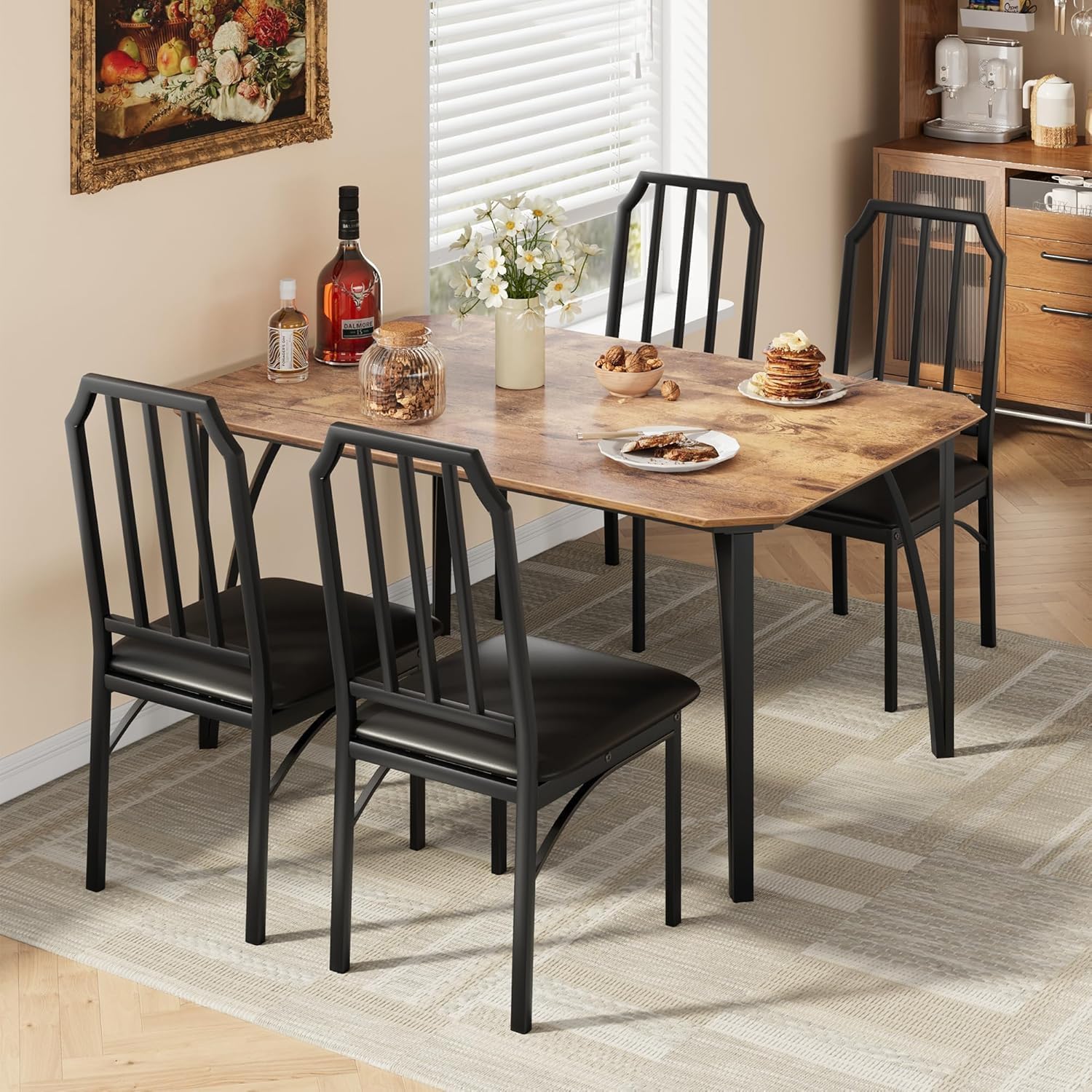 IDEALHOUSE Dining Table Set for 4, Kitchen Table Set of 4 with Upholstered Cushion Chairs, Dining Room Table Set with Kitchen Chairs, Easy to Assemble, Suitable for Apartment - (Rustic Walnut)