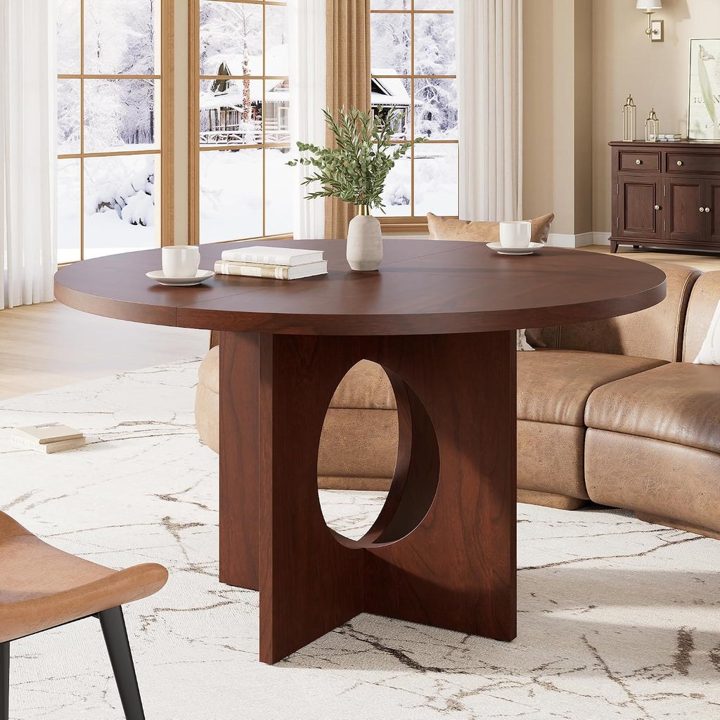 Garvee 47' Round Dining Table for 4-6 People - Circle Kitchen Dinner Table with Sturdy Pedestal Base, Space Saving Dinning Room Furniture for Living Room, Kitchen, Apartment, Walnut