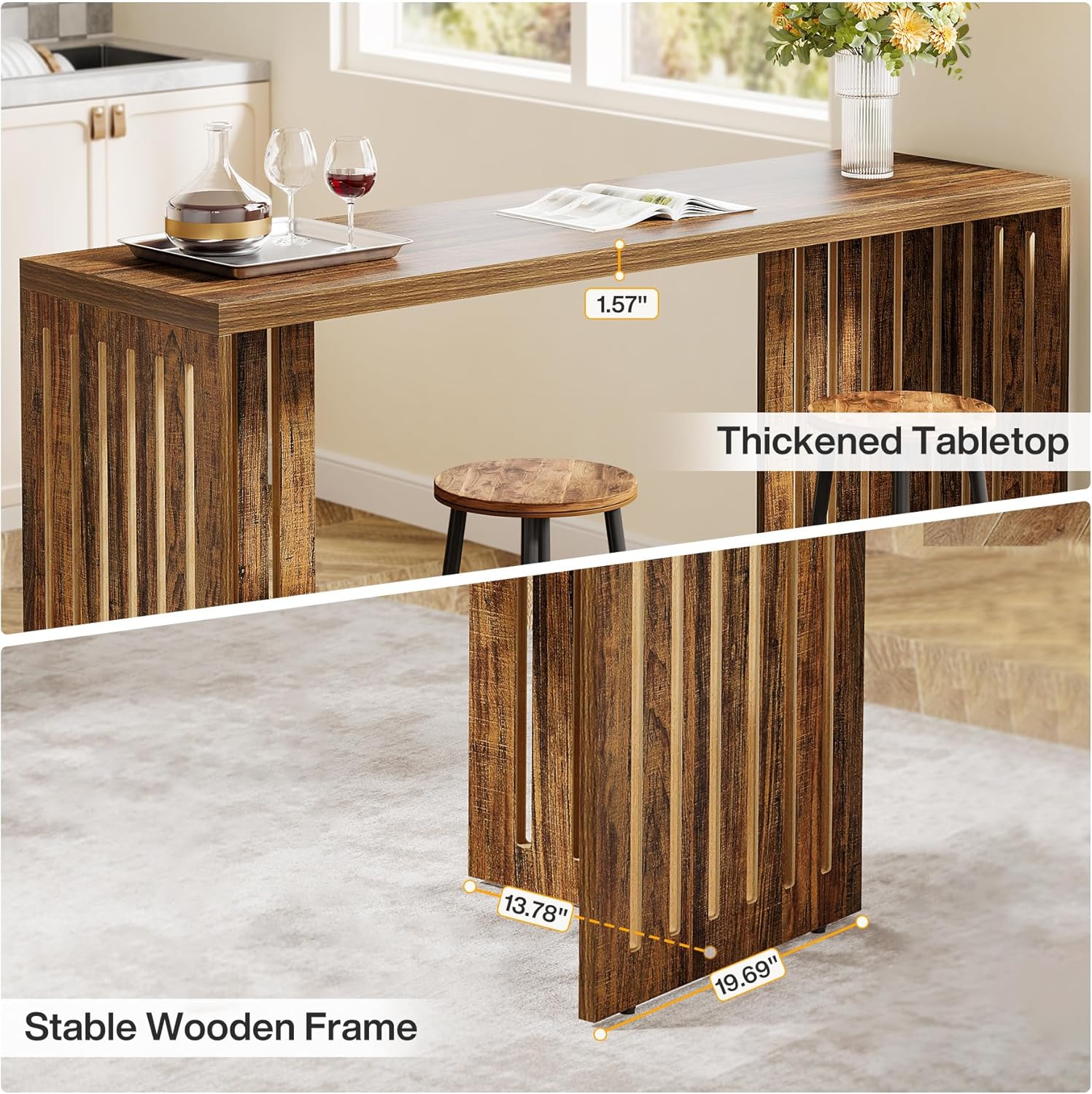 Tribesigns Bar Table, 63-Inch Counter Height Pub Table, Industrial Bar Height Table, Rectangular High Top Kitchen & Dining Counter Tables with Louvered Base for Narrow Space, Rustic Brown