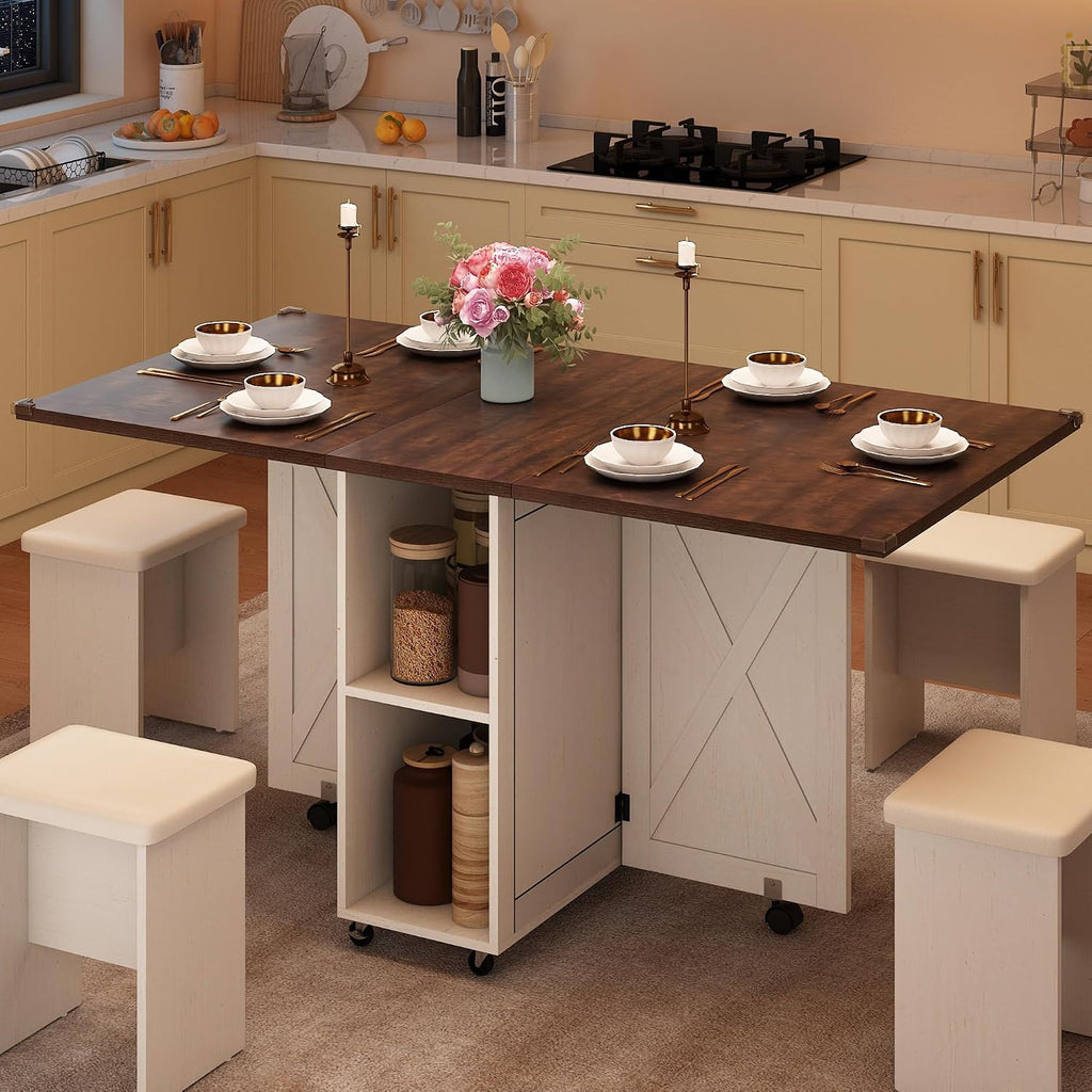 5 PCS Farmhouse Dining Table Set for 4,60' Large Folding Dining Table Set w/ 4 Leather Chairs, Drop Leaf Foldable Kitchen Table for Small Spaces,Barn Door Design,6 Wheels,2-Layer Storage Shelf,Brown