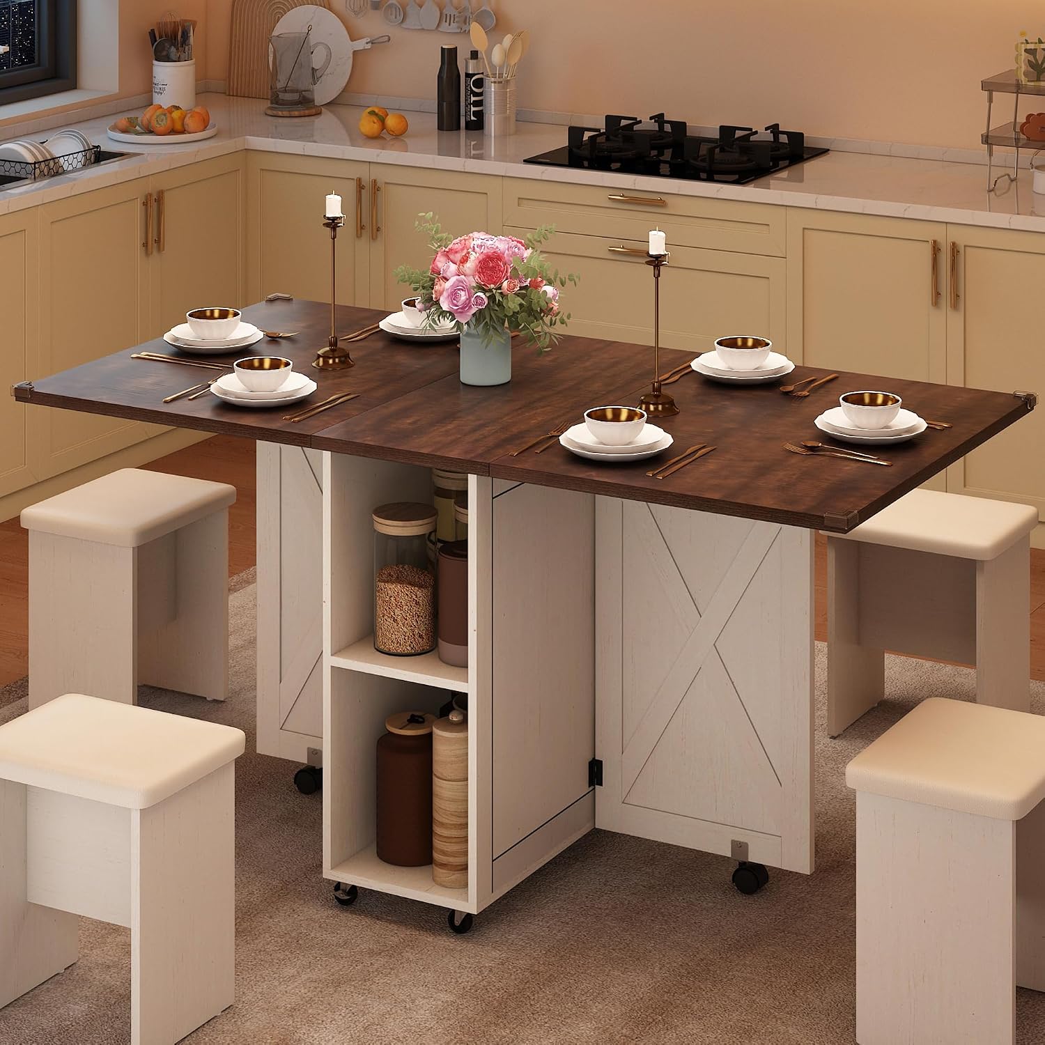 5 PCS Farmhouse Dining Table Set for 4,60' Large Folding Dining Table Set w/ 4 Leather Chairs, Drop Leaf Foldable Kitchen Table for Small Spaces,Barn Door Design,6 Wheels,2-Layer Storage Shelf,Brown