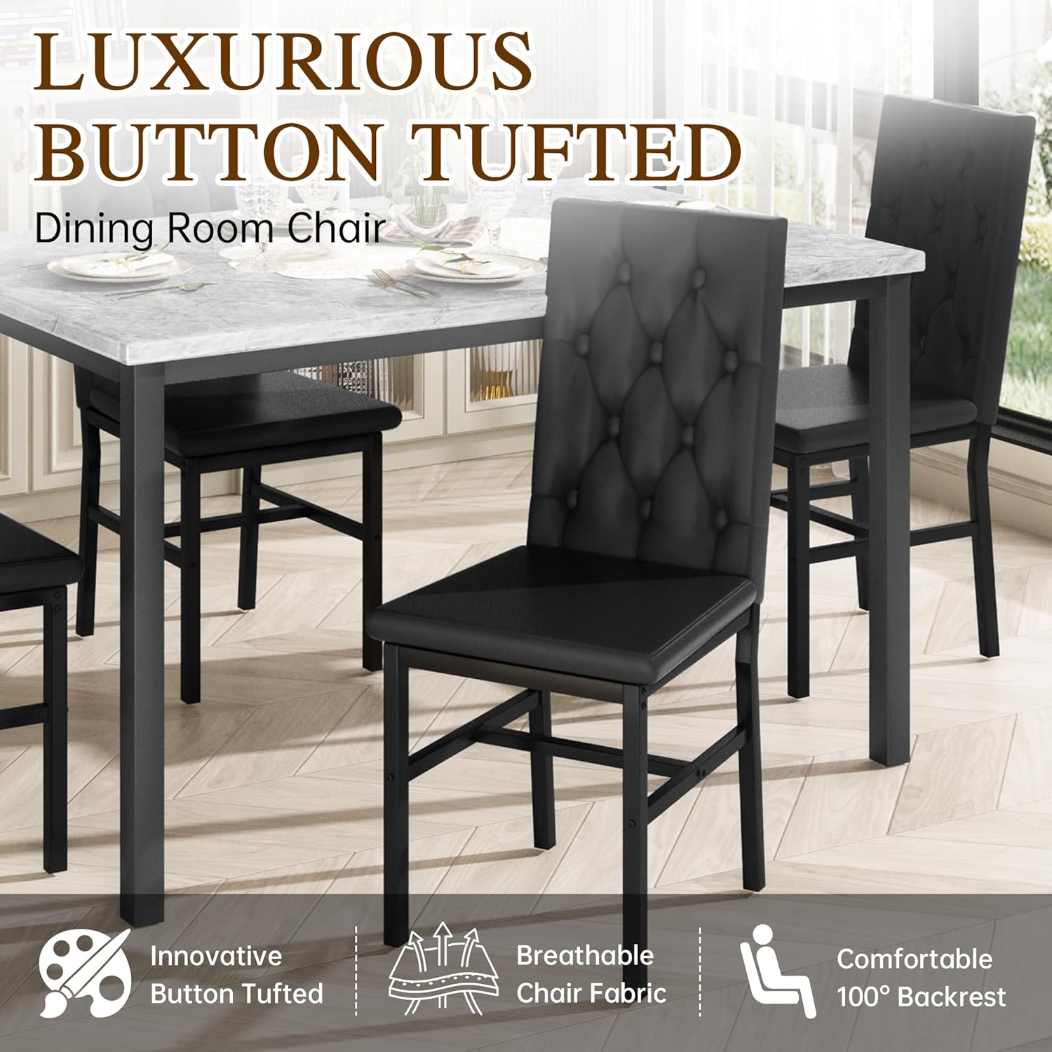 Hooseng Dining Table Set for 4, Faux Marble Small Kitchen Table Chairs Set of 4 with Luxurious Button Tufted Dinner Chairs for Kitchen and Dining (Gray)