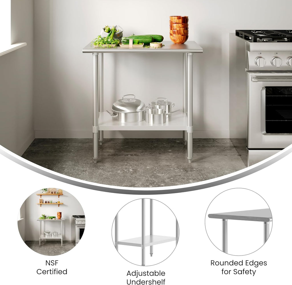 Flash Furniture Reese NSF Certified Stainless Steel Kitchen Prep and Work Table, Commercial Work Table with Storage, 36' W x 24' D x 34.5' H, Silver
