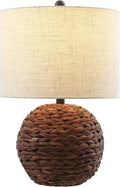 JONATHAN Y 21.5' Dark Brown Modern Coastal Woven Rattan Globe LED Table Lamp for Bedroom, Oatmeal Linen Drum Shade, LED Bulb Included, Rustic Bedside Lamp for Living Room (JYL6514B)