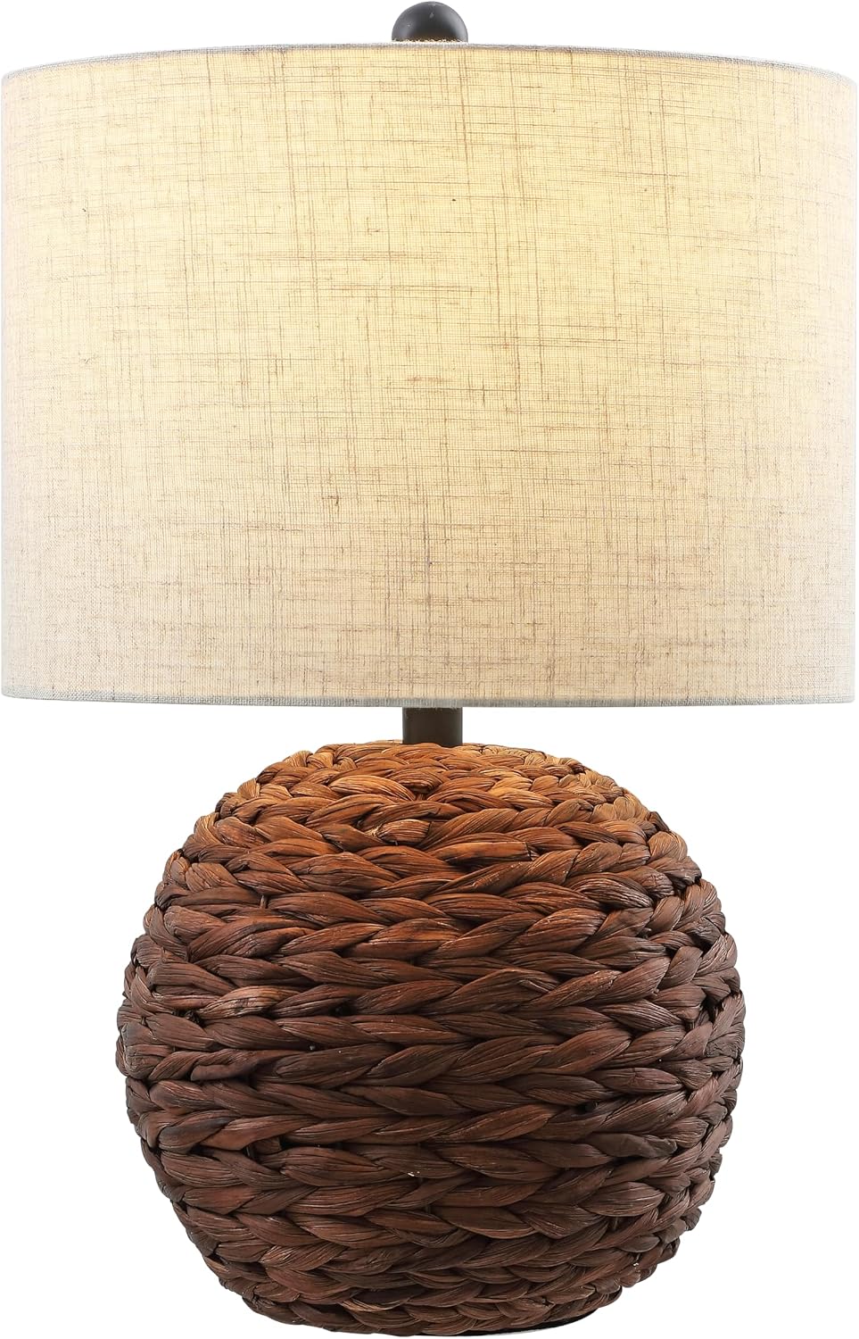 JONATHAN Y 21.5' Dark Brown Modern Coastal Woven Rattan Globe LED Table Lamp for Bedroom, Oatmeal Linen Drum Shade, LED Bulb Included, Rustic Bedside Lamp for Living Room (JYL6514B)