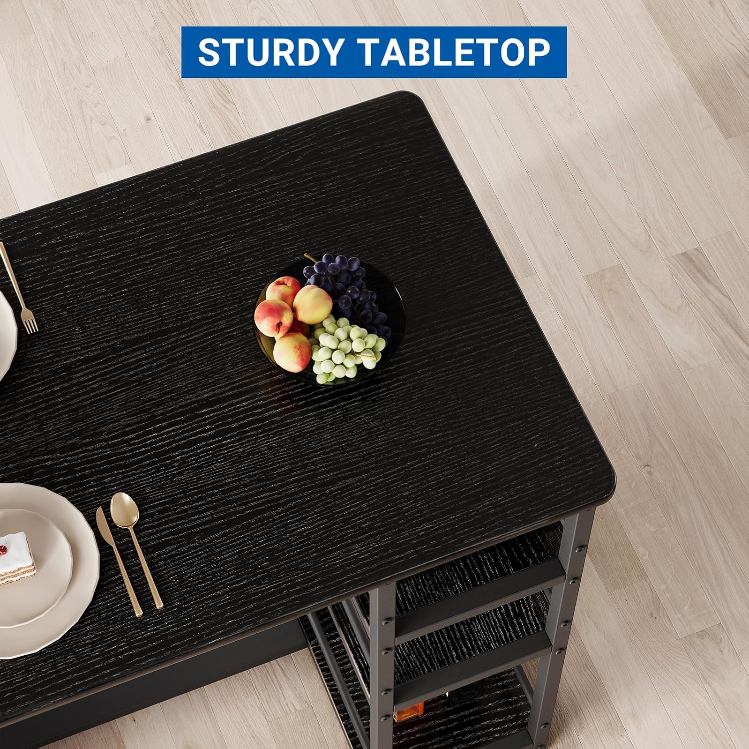 GarveeHome Dining Table Set for 2, Counter Height Kitchen Table with 2 Upholstered Bar Stools, Dining Table and Chairs Set with Storage Shelves, for Small Space, Apartment, Studio, Retro Black