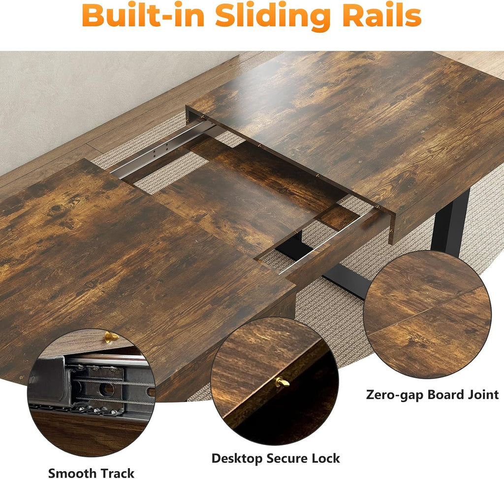 Zevemomo 63'-78.7' Rectangular Extendable Dining Table, 6-8 Extendable Dining Table, Conference Table, Kitchen Table with Slide Track, Tapered U-Shaped Wood Legs for Office, Living Room-Rustic Brown