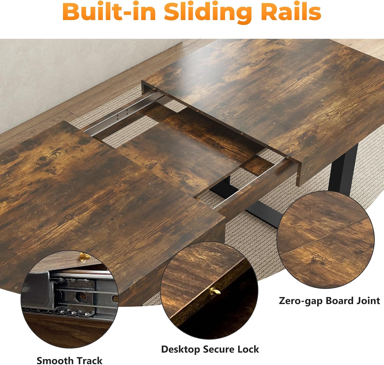 Zevemomo 63'-78.7' Rectangular Extendable Dining Table, 6-8 Extendable Dining Table, Conference Table, Kitchen Table with Slide Track, Tapered U-Shaped Wood Legs for Office, Living Room-Rustic Brown