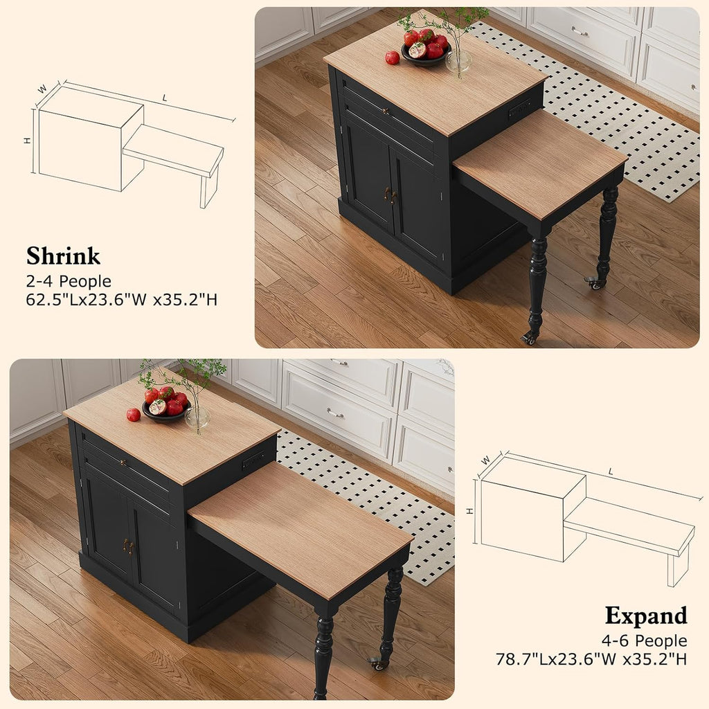 HLR 72' Kitchen Island with Extendable Table for 2-4, Island Table for Kitchen with Power Outlet and Storage Slide Out Legs, Rolling Islands Cart with 2 Doors (Black)