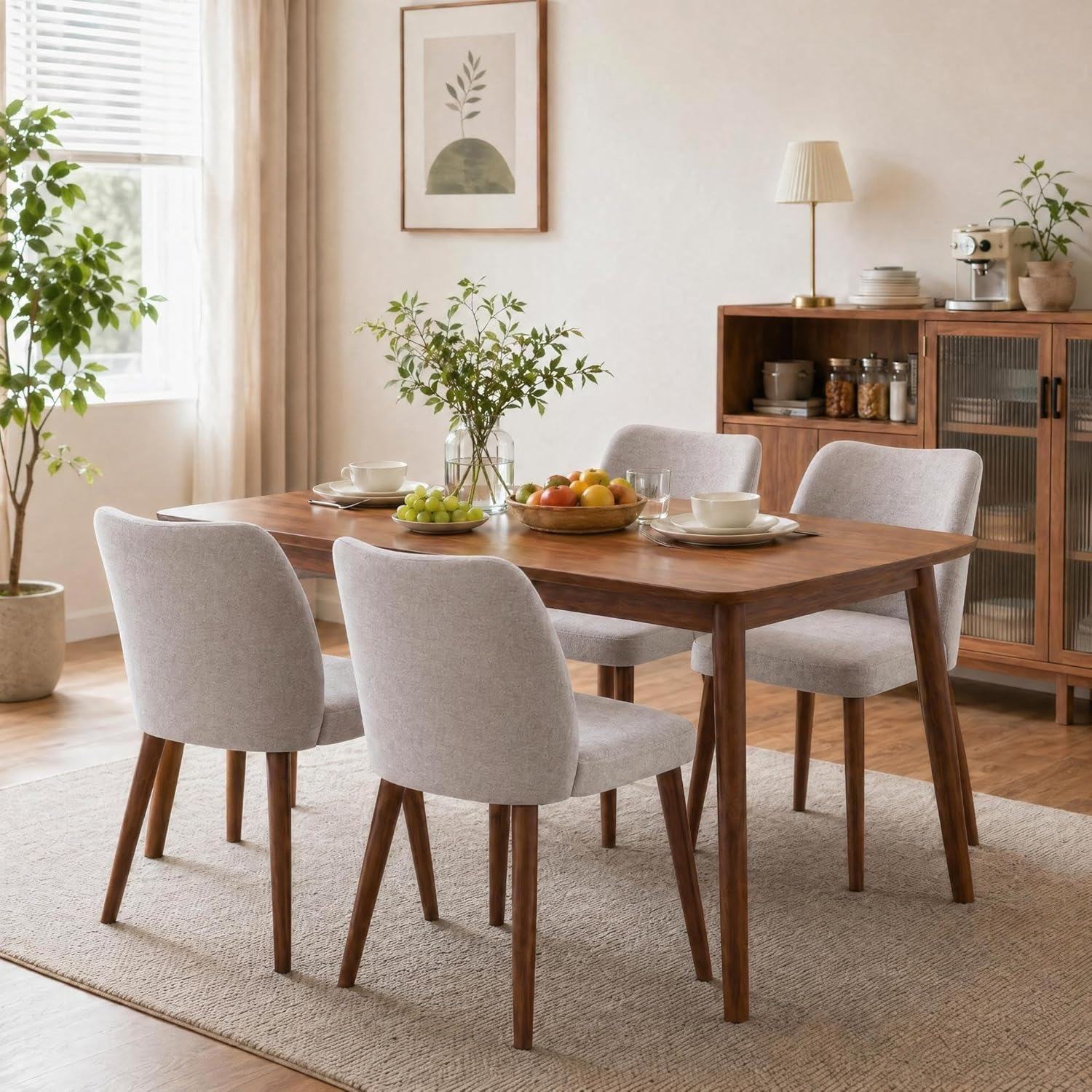 GarveeHome Linen Dining Chairs Set of 4 Upholstered Fabric Dining Chair with Wood Legs, Wing Backrest, Wooden Kitchen Chairs with Thick Cushions, Leveling Feet for Dining Room, Living Room, Light Grey