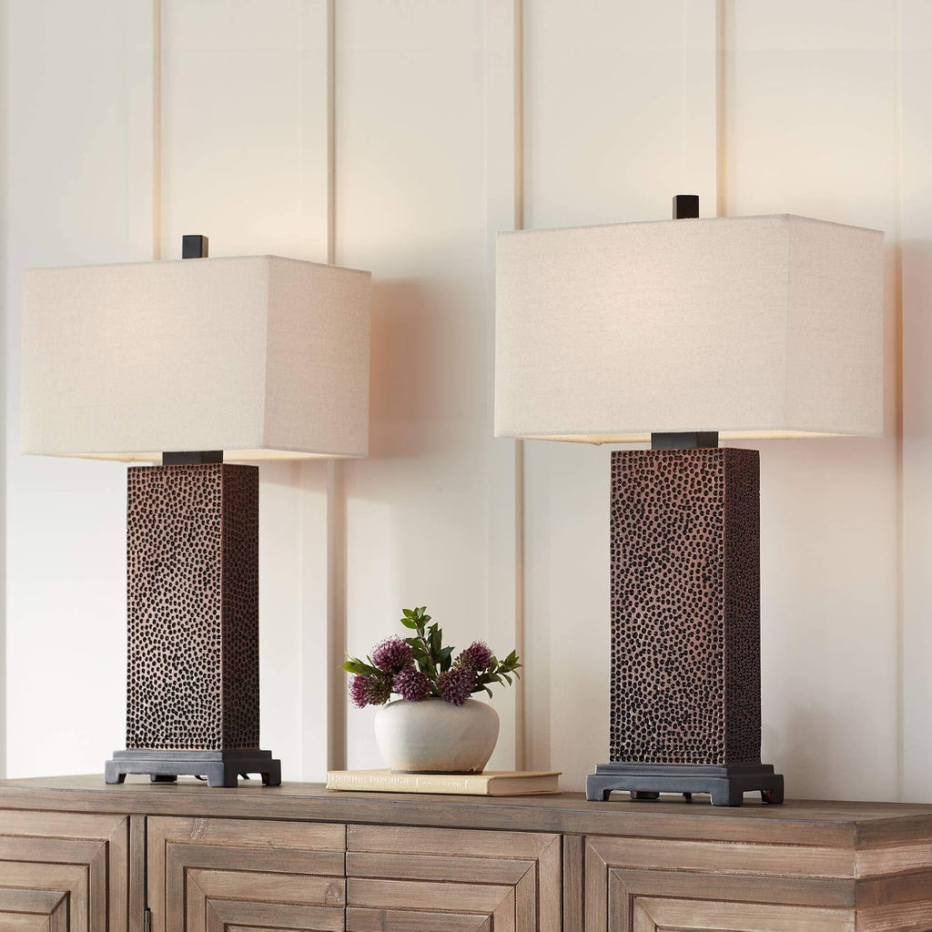 360 Lighting Caldwell Rustic Farmhouse Table Lamps 24.75' Tall Set of 2 Bronze Hammered Textured Fabric Rectangular Shade for Bedroom Living Room House Home Bedside Nightstand Office Family