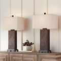 360 Lighting Caldwell Rustic Farmhouse Table Lamps 24.75' Tall Set of 2 Bronze Hammered Textured Fabric Rectangular Shade for Bedroom Living Room House Home Bedside Nightstand Office Family