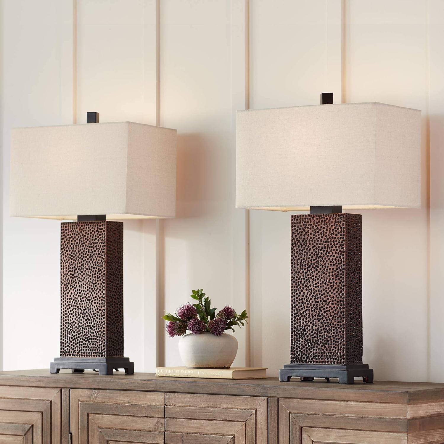 360 Lighting Caldwell Rustic Farmhouse Table Lamps 24.75' Tall Set of 2 Bronze Hammered Textured Fabric Rectangular Shade for Bedroom Living Room House Home Bedside Nightstand Office Family