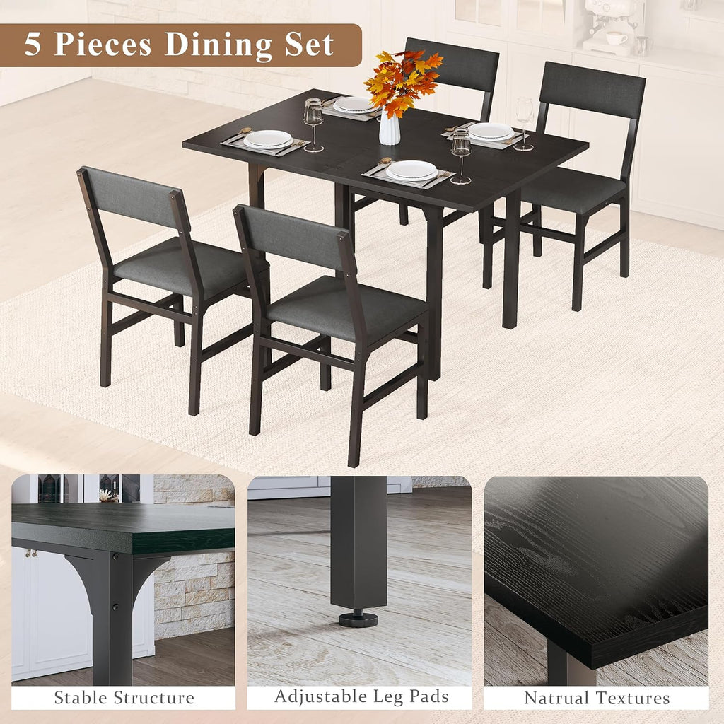 HUAHUU Dining Table Set for 4, Extendable Kitchen Table Cushion Chairs Set of 4, Rectangle Dining Table with Metal Frame & MDF Board, Folding for Small Apartment Saving Space, Black