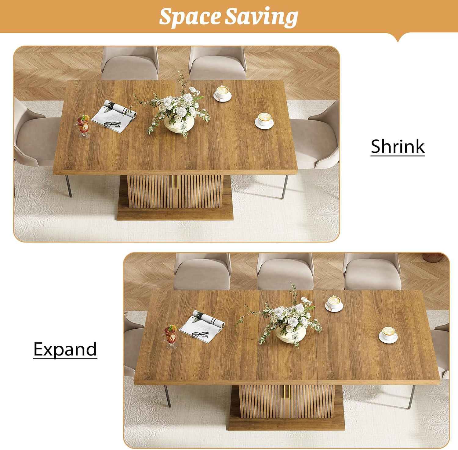Zevemomo 62.99'-78.74' Expandable Dining Table with Storage, Extendable Dining Table for 6-10 People, Extra Hidden Storage for Tableware & Wine, Modern Farmhouse Table for Kitchen Living Room-Brown