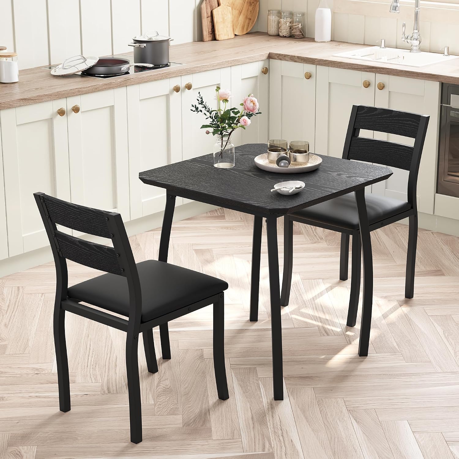Garvee 3 Piece Dining Table Set for 2, Small Kitchen Table with Metal Frame & Wood Tabletop, Includes 2 Upholstered Chairs, for Apartment, Home Kitchen, Black