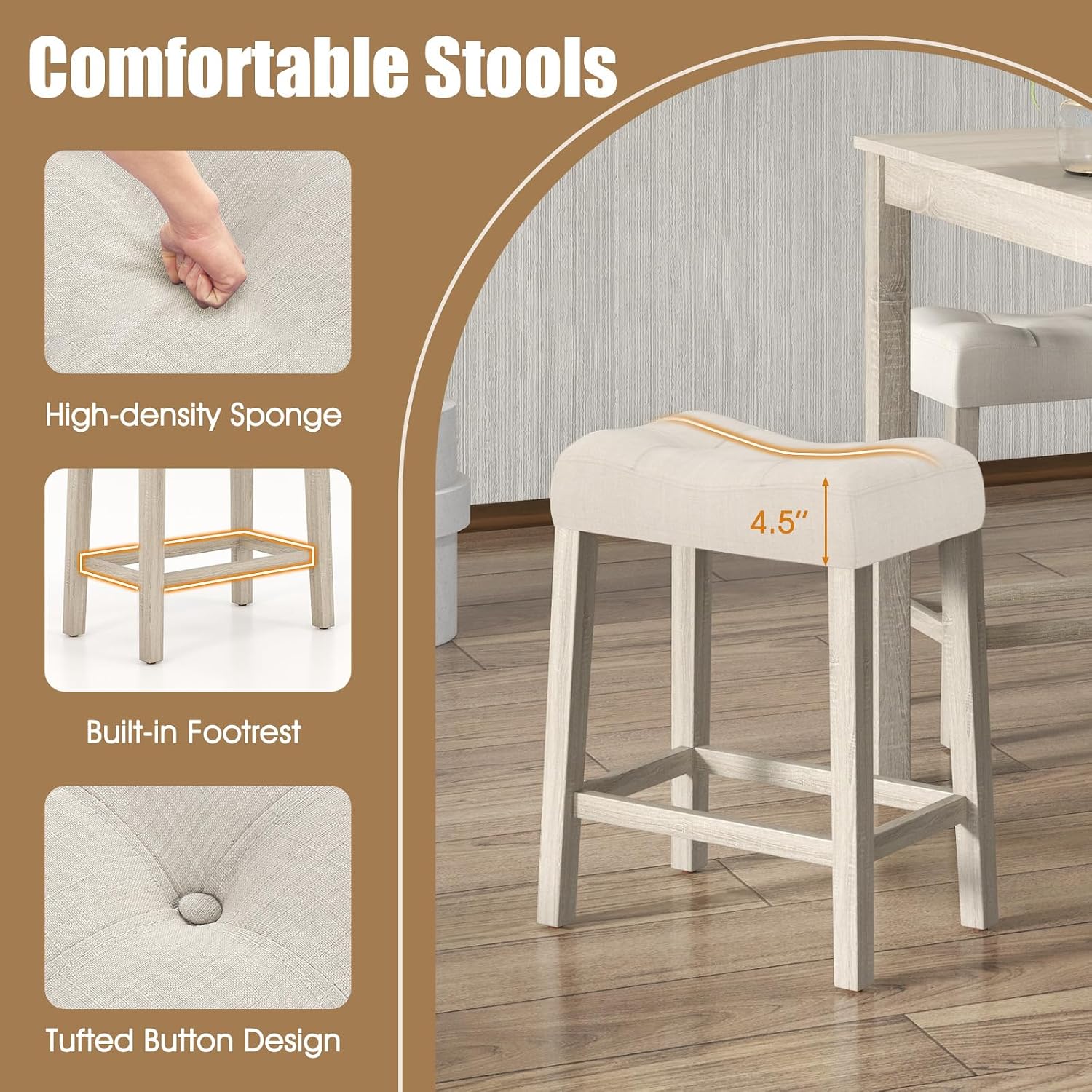 COSTWAY 5-Piece Bar Table Set, Square Breakfast Set for 4 w/Padded Stools, Small Kitchen Table Set w/Rubber Wood Legs, Space-Saving Dining Table Set for Living Room, Kitchen, Small Space