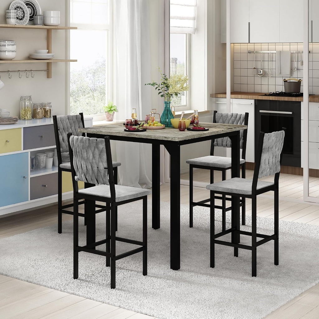 AWQM 5-Piece Dining Table Set, Dining Table Set for 4, Counter Height Table & 4 Velvet Bar Stools, Modern Kitchen Dining Set, Compact Dining Set for Small Spaces (Gray & Velvet Chairs)
