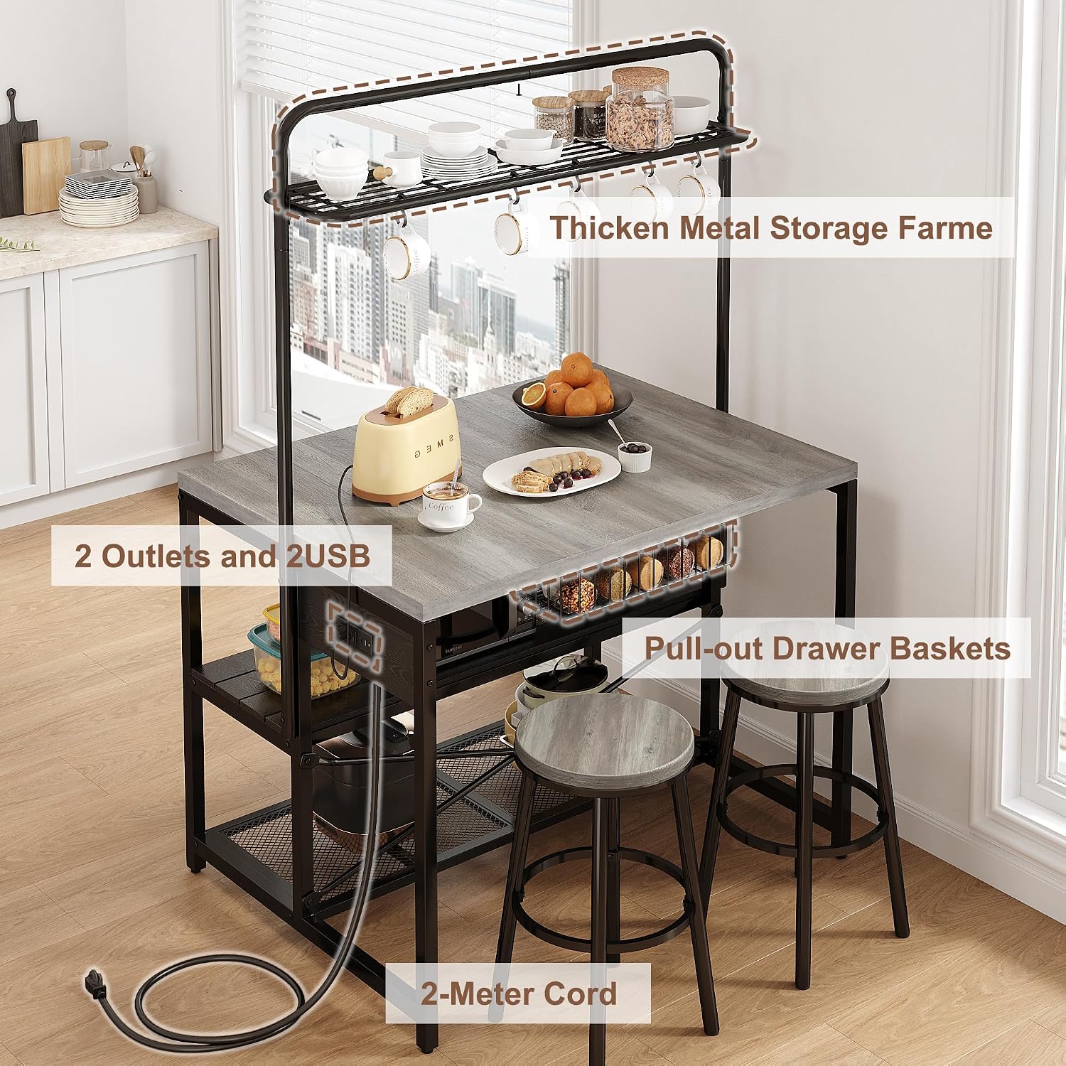 46' Large Kitchen Island Table Baker Rack with Power Outlet and 3-Tier Storage-Microwave Stand Oven Shelf, Metal Coffee Bar Table,Kitchen Storage Shelf for Dining Living Room, 5 Hooks,Grey