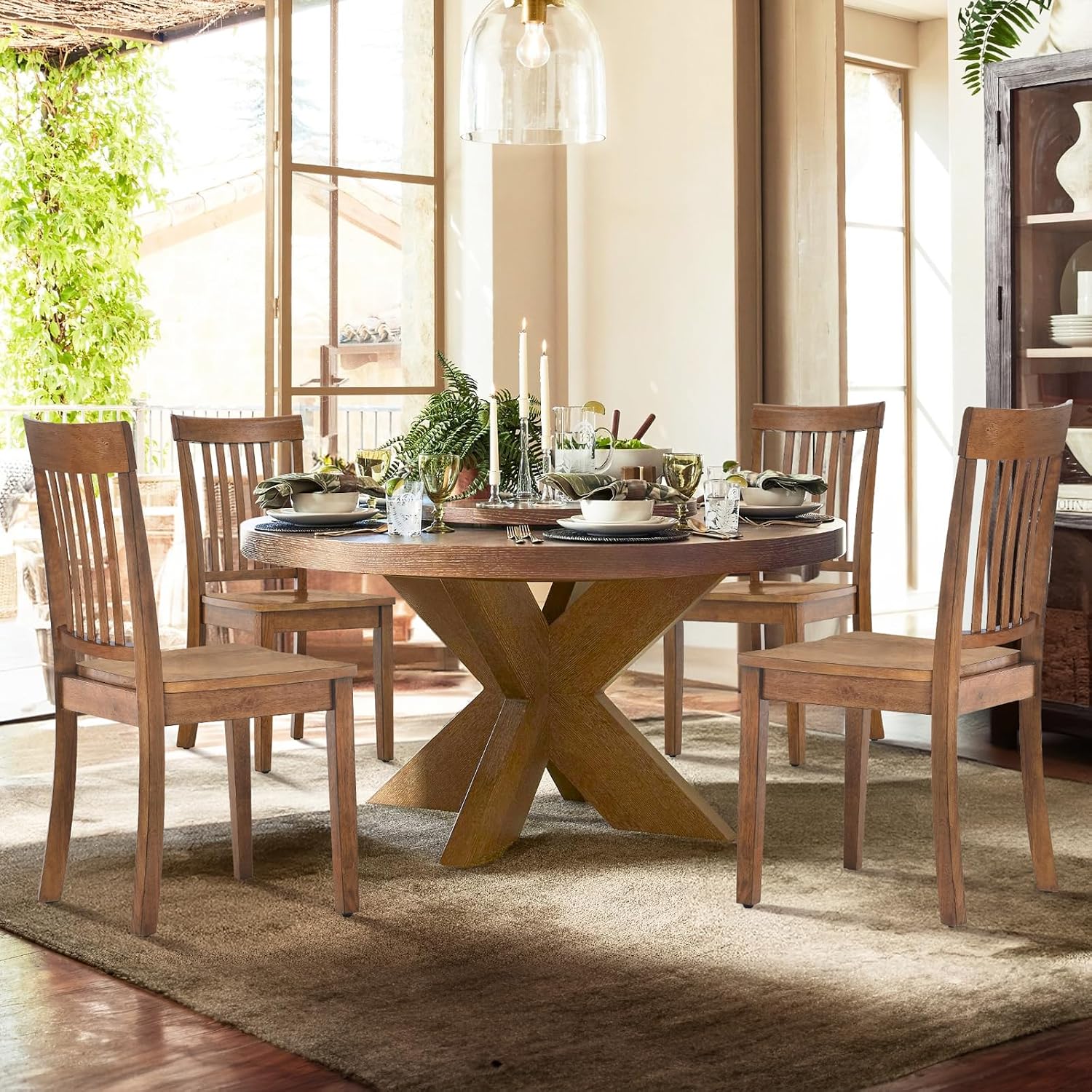 COLAMY Wooden Dining Room Chairs Set of 6, Spindle High Back Windsor Kitchen Side Chair, Farmhouse Dining Chairs for Kitchen, Dining Room, Light Brown