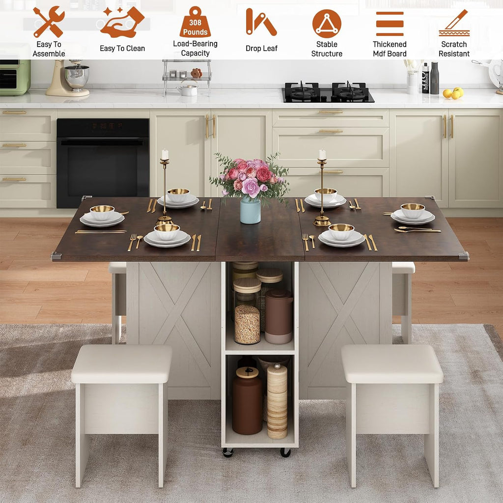 5 PCS Farmhouse Dining Table Set for 4,60' Large Folding Dining Table Set w/ 4 Leather Chairs, Drop Leaf Foldable Kitchen Table for Small Spaces,Barn Door Design,6 Wheels,2-Layer Storage Shelf,Brown