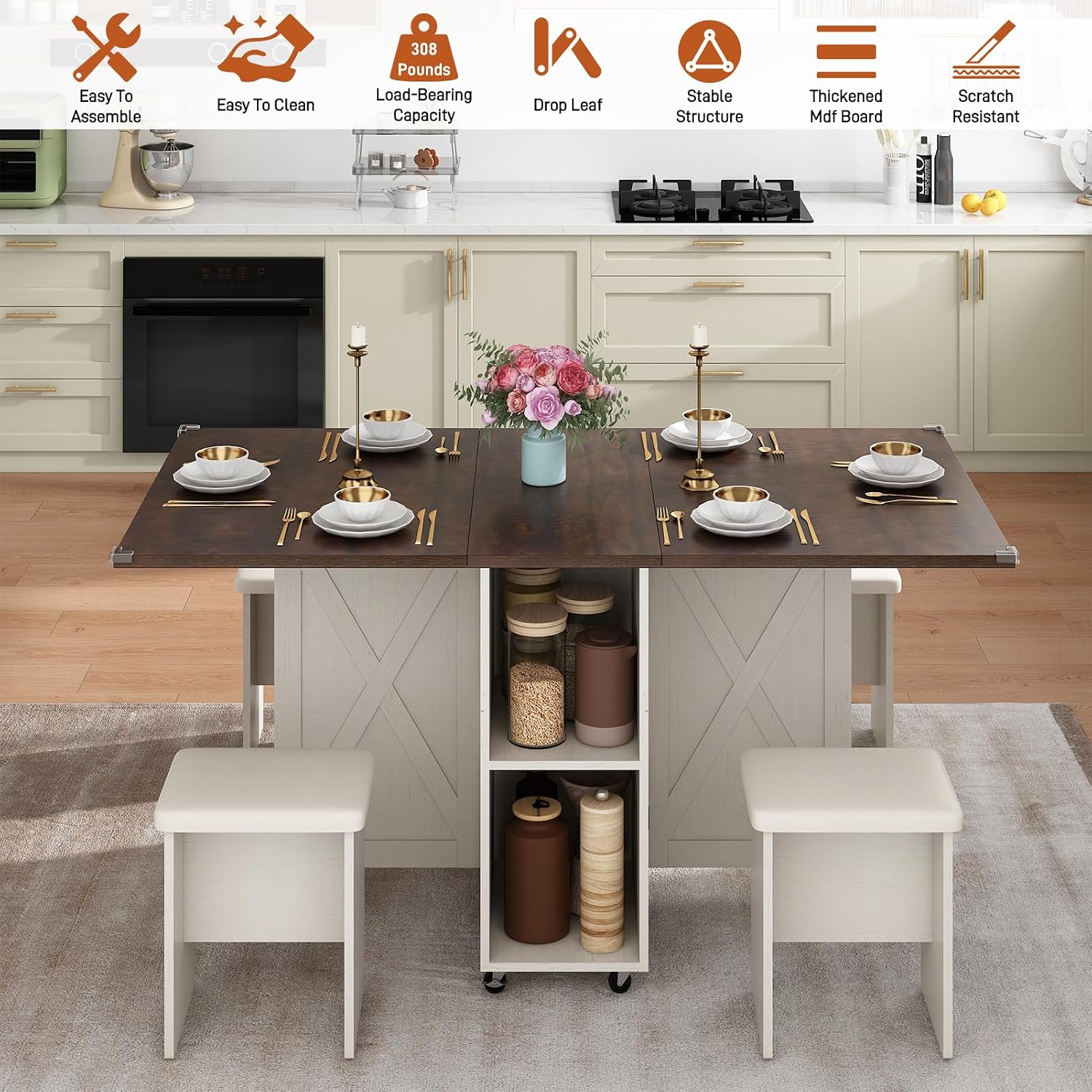 5 PCS Farmhouse Dining Table Set for 4,60' Large Folding Dining Table Set w/ 4 Leather Chairs, Drop Leaf Foldable Kitchen Table for Small Spaces,Barn Door Design,6 Wheels,2-Layer Storage Shelf,Brown