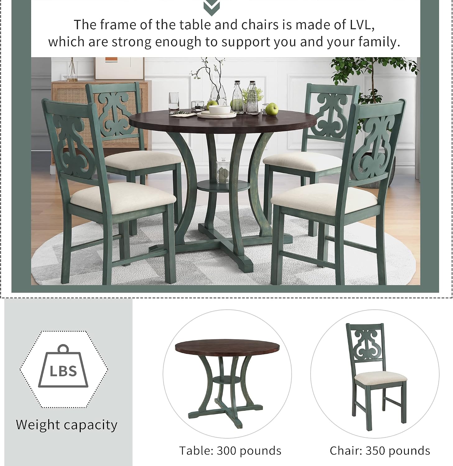 LUMISOL 5-Piece Dining Table Set for 4, Farmhouse Round Kitchen Table Set with Special Shaped Legs and 4 Upholstered Chairs for Kitchen, Dining Room, Small Space, Antique Blue