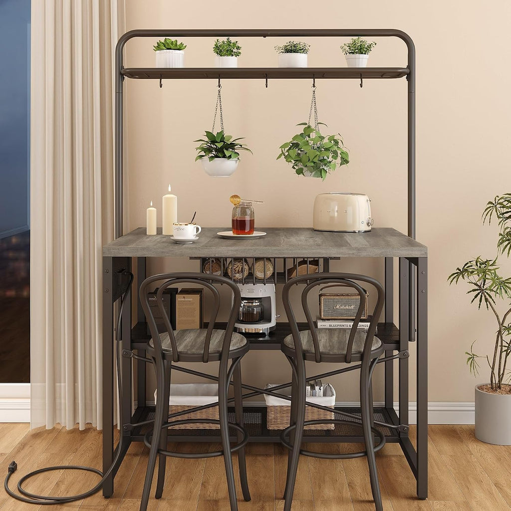 46' Large Kitchen Island Table Baker Rack with Power Outlet and 3-Tier Storage-Microwave Stand Oven Shelf, Metal Coffee Bar Table,Kitchen Storage Shelf for Dining Living Room, 5 Hooks,Grey
