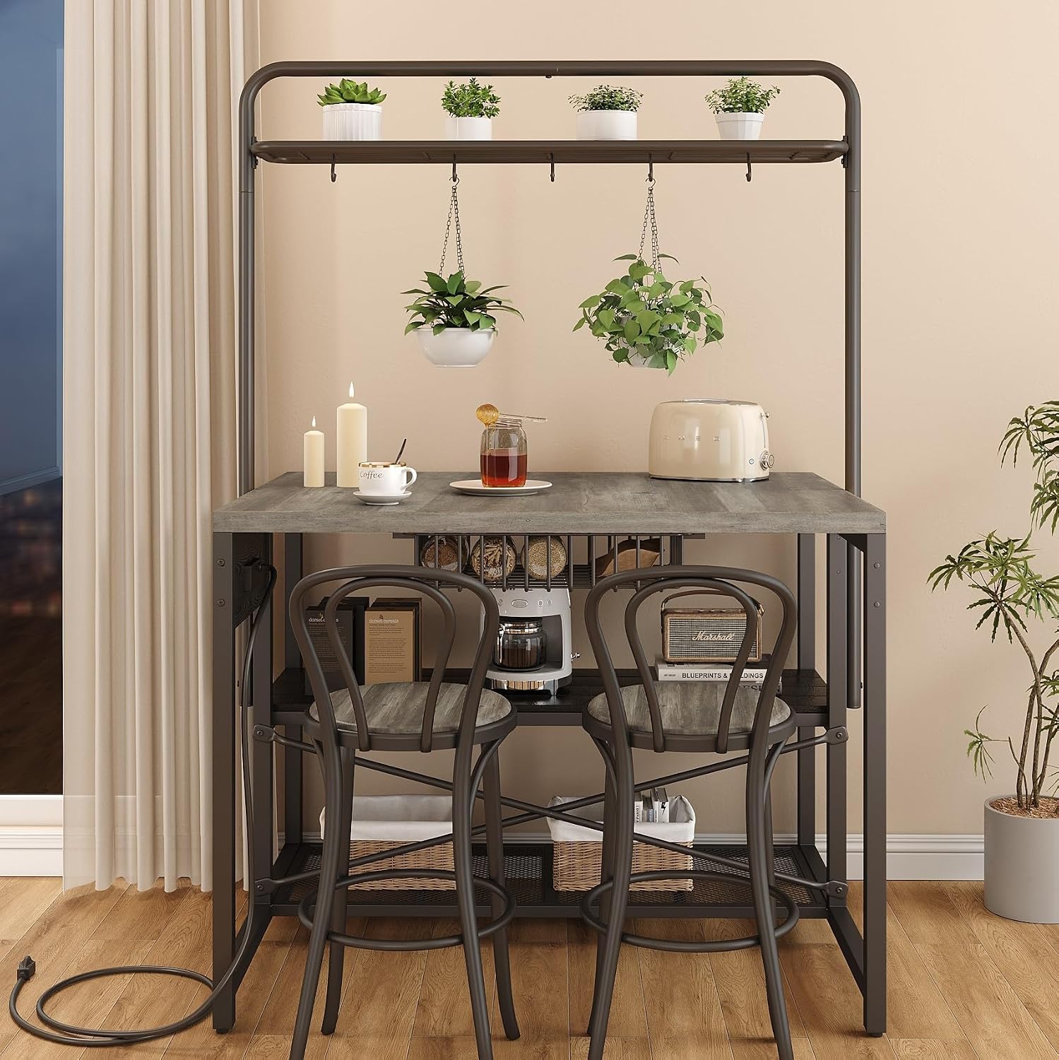 46' Large Kitchen Island Table Baker Rack with Power Outlet and 3-Tier Storage-Microwave Stand Oven Shelf, Metal Coffee Bar Table,Kitchen Storage Shelf for Dining Living Room, 5 Hooks,Grey