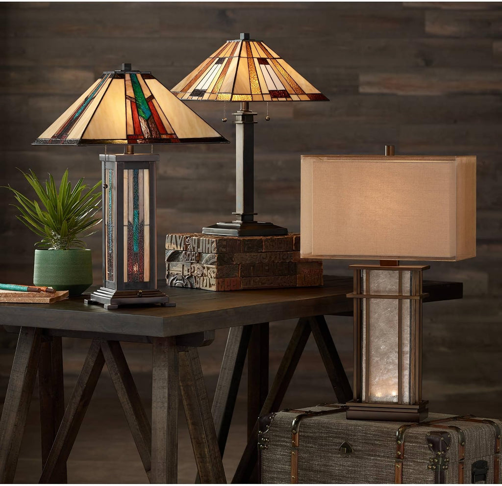 Robert Louis Tiffany Ranier Mission Tiffany Style Table Lamp with Nightlight 25' High Bronze Brown Antique Stained Art Glass for Cottage Core Living Room Bedroom House Bedside Nightstand Home Family