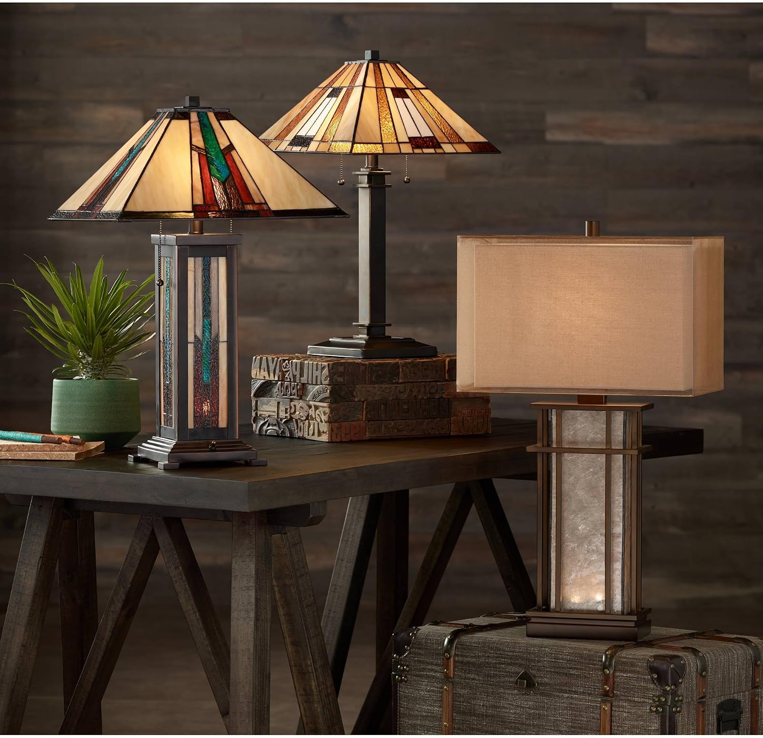 Robert Louis Tiffany Ranier Mission Tiffany Style Table Lamp with Nightlight 25' High Bronze Brown Antique Stained Art Glass for Cottage Core Living Room Bedroom House Bedside Nightstand Home Family
