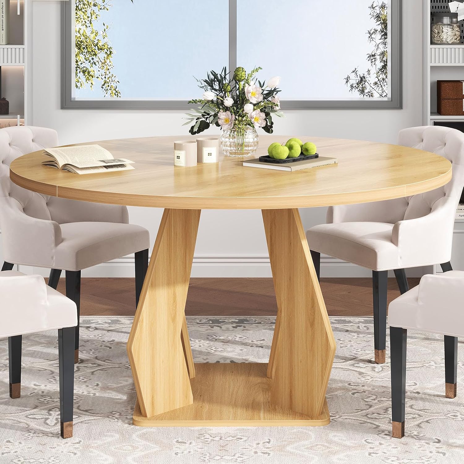IBF Round Dining Table for 4-6 People,47 Inches Dining Room Table with Wooden Pedestal Base,Circle Dining Room Table for Kitchen,Office,Apartment,Living Room,Oak