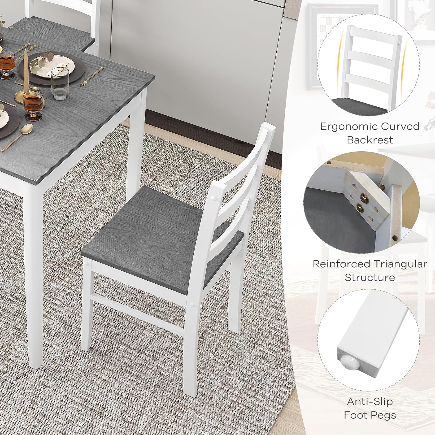 NAFORT 5 Piece Dining Table Set for 4, Farmhouse Solid Wood Kitchen Table Chairs Set of 4, Mid-Century Modern Dinette Set w/Rubber Wood Legs, Dining Room Table and 4 Chairs for Kitchen
