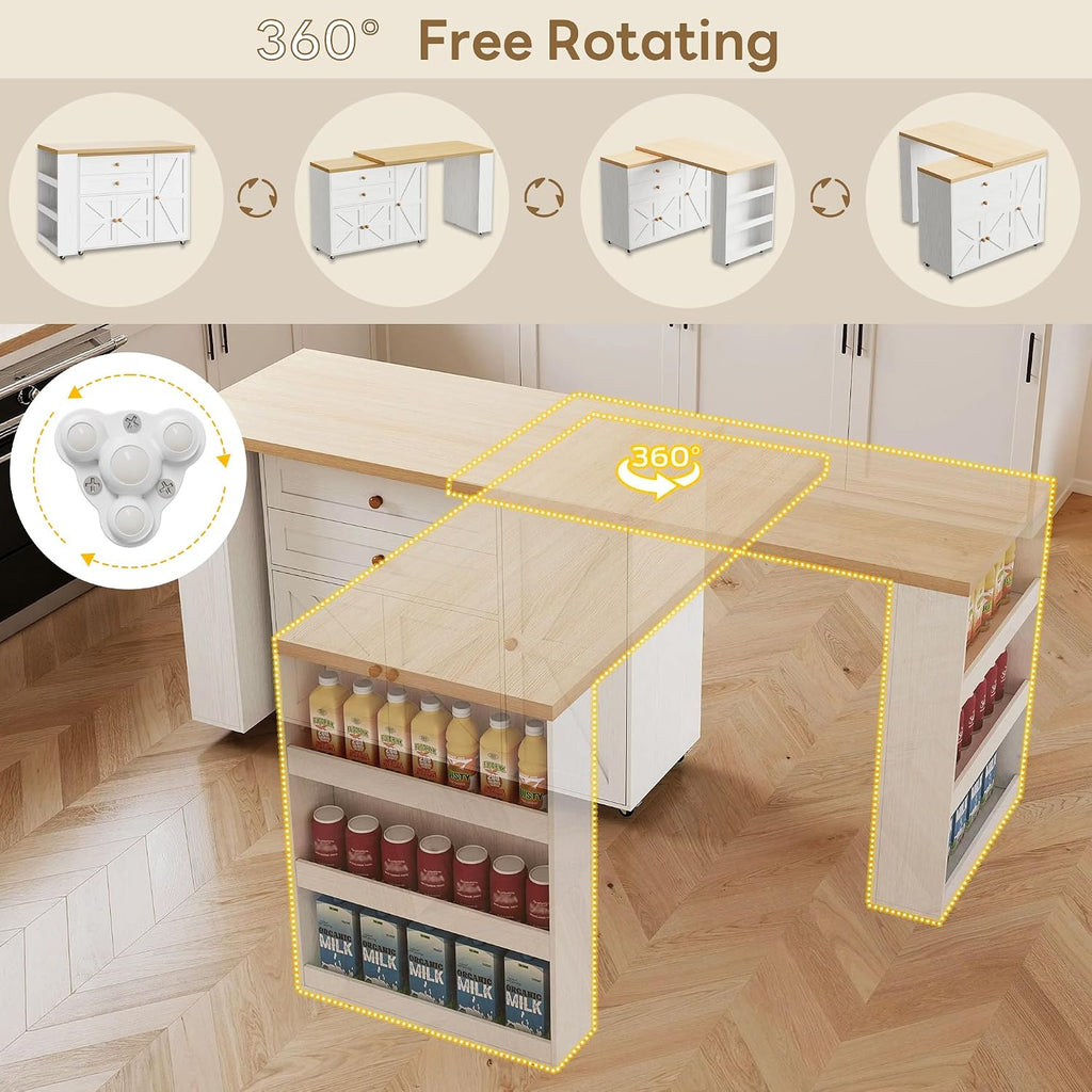 IRONCK Kitchen Island with 360° Swivel Table, 71 inch Rolling Kitchen Island Cart with Storage, Home Bar Table with Spice Rack and Drawers, Mobile Wood Kitchen Island on Wheels, White